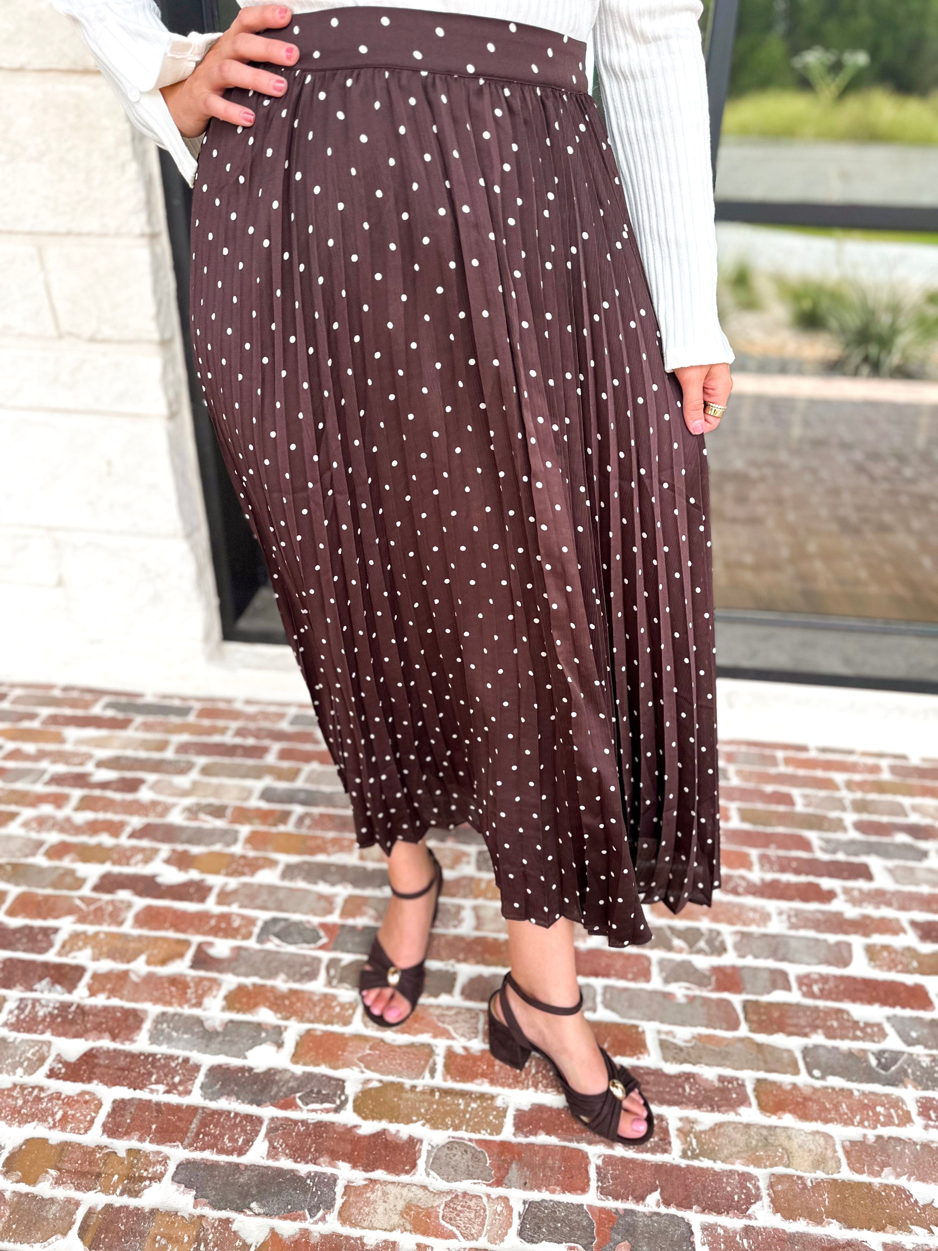 Chocolate Brown Polka Dot Midi Skirt-500 Midi-SKIES ARE BLUE-July & June Women's Fashion Boutique Located in San Antonio, Texas