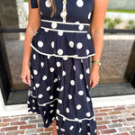 Polka Dot Peplum Midi Dress - Black-500 Midi-ENTRO-July & June Women's Fashion Boutique Located in San Antonio, Texas