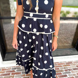 Polka Dot Peplum Midi Dress - Black-500 Midi-ENTRO-July & June Women's Fashion Boutique Located in San Antonio, Texas