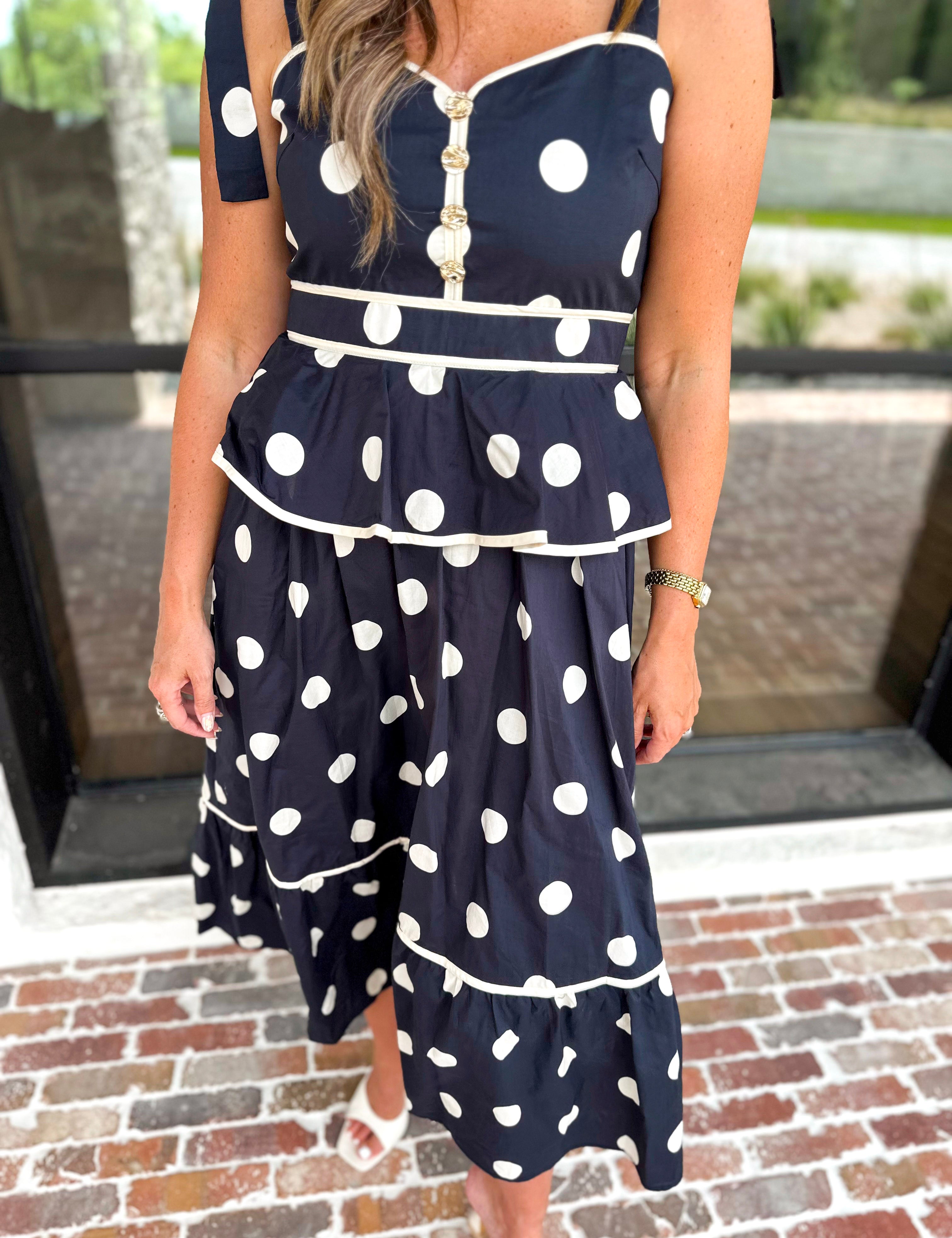 Polka Dot Peplum Midi Dress - Black-500 Midi-ENTRO-July & June Women's Fashion Boutique Located in San Antonio, Texas