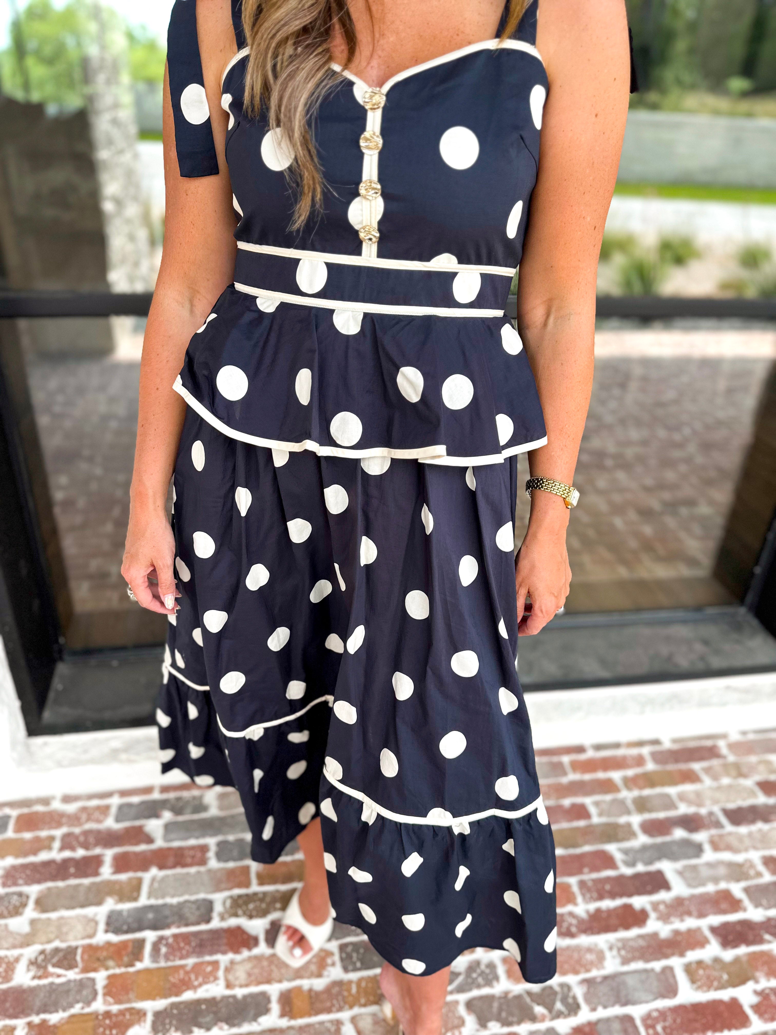 Polka Dot Peplum Midi Dress - Black-500 Midi-ENTRO-July & June Women's Fashion Boutique Located in San Antonio, Texas