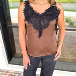 Liverpool - Date Night Lace Cami - Deep Espresso-200 Fashion Blouses-LIVERPOOL JEANS COMPANY-July & June Women's Fashion Boutique Located in San Antonio, Texas
