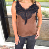 Liverpool - Date Night Lace Cami - Deep Espresso-200 Fashion Blouses-LIVERPOOL JEANS COMPANY-July & June Women's Fashion Boutique Located in San Antonio, Texas