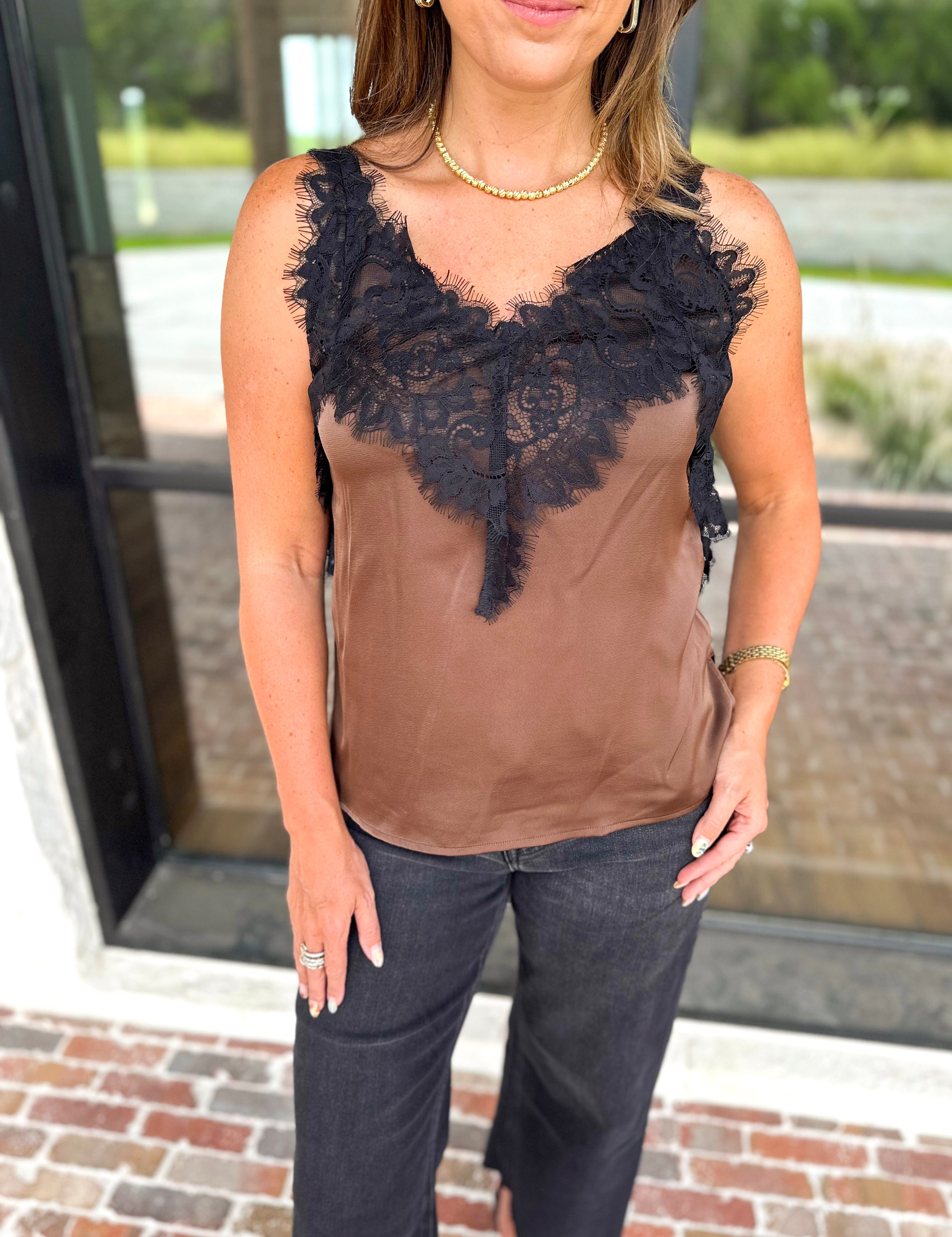 Liverpool - Date Night Lace Cami - Deep Espresso-200 Fashion Blouses-LIVERPOOL JEANS COMPANY-July & June Women's Fashion Boutique Located in San Antonio, Texas