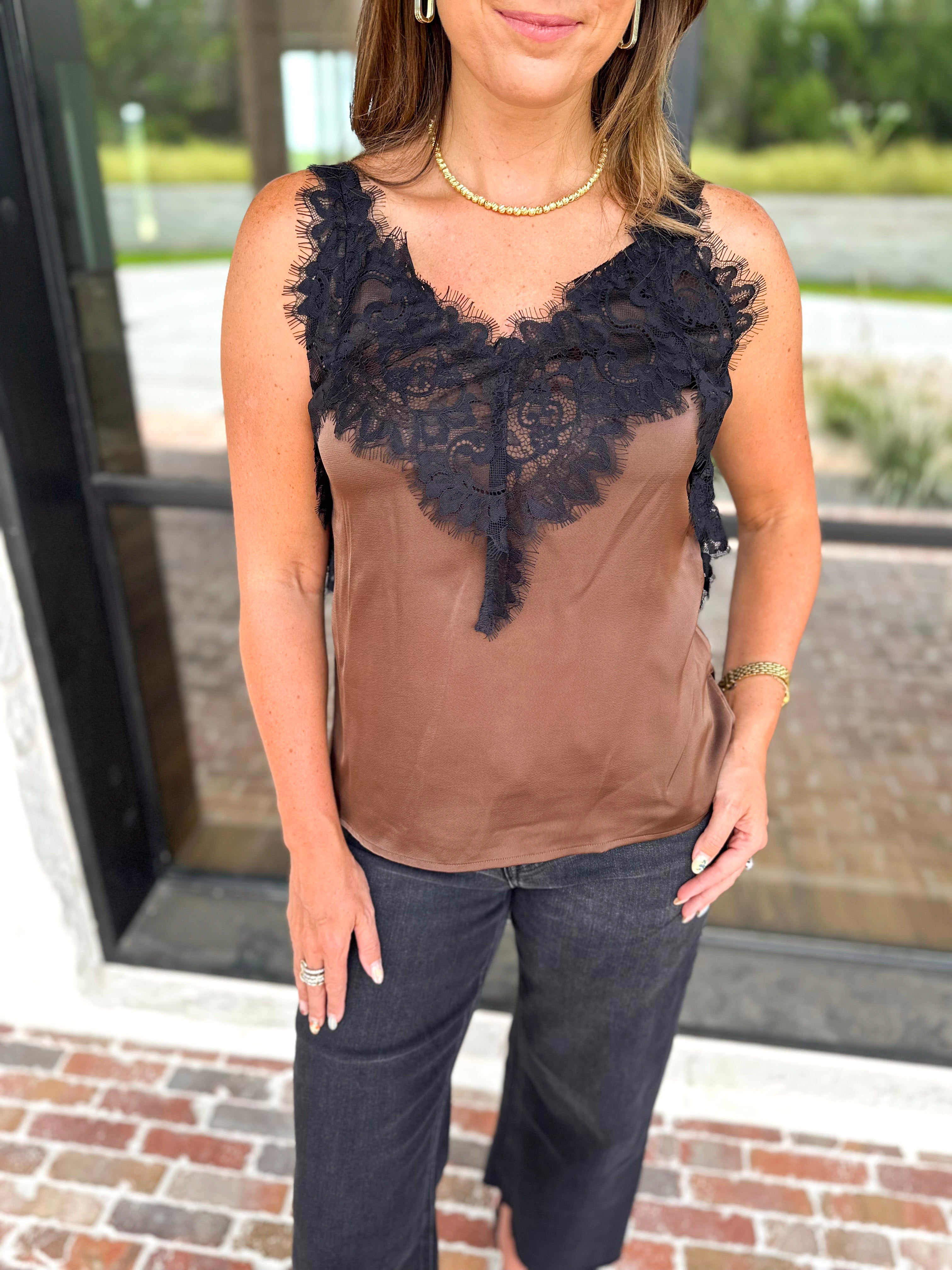 Liverpool - Date Night Lace Cami - Deep Espresso-200 Fashion Blouses-LIVERPOOL JEANS COMPANY-July & June Women's Fashion Boutique Located in San Antonio, Texas