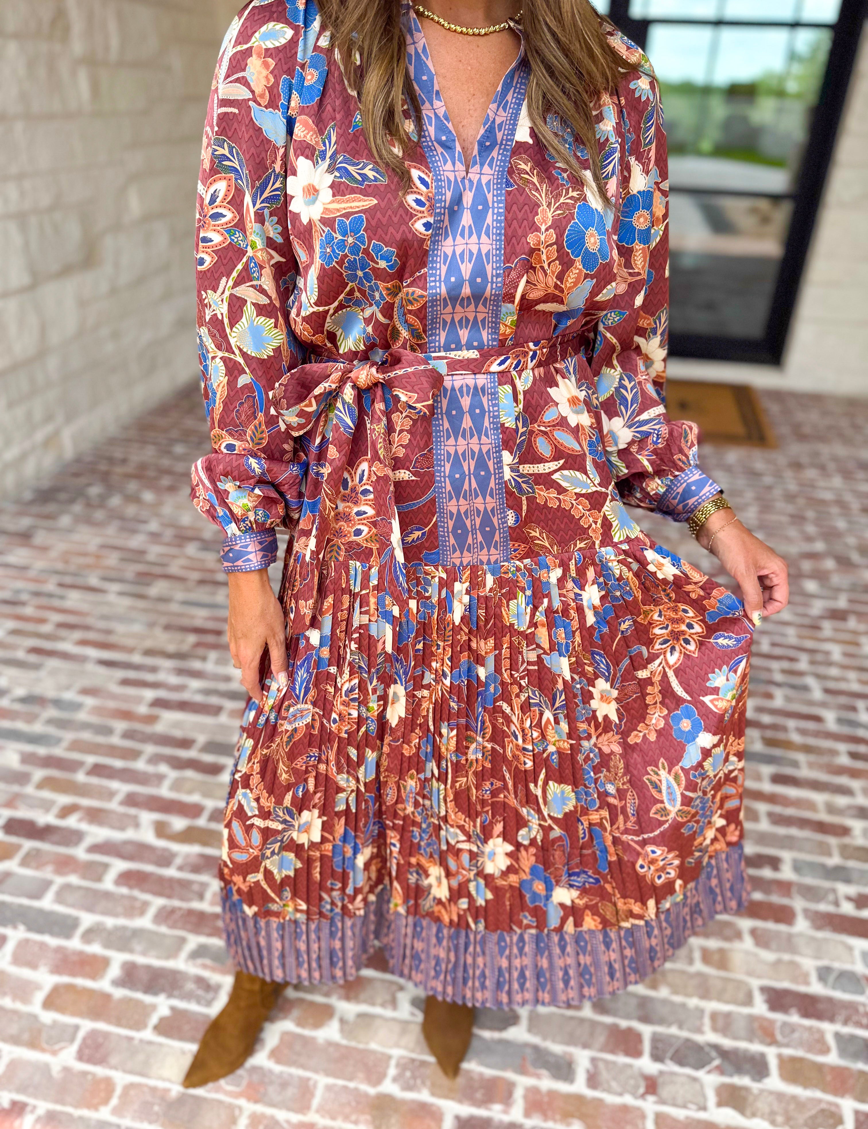 Current Air - Fall Gardens Midi Dress-500 Midi-CURRENT AIR CLOTHING-July & June Women's Fashion Boutique Located in San Antonio, Texas