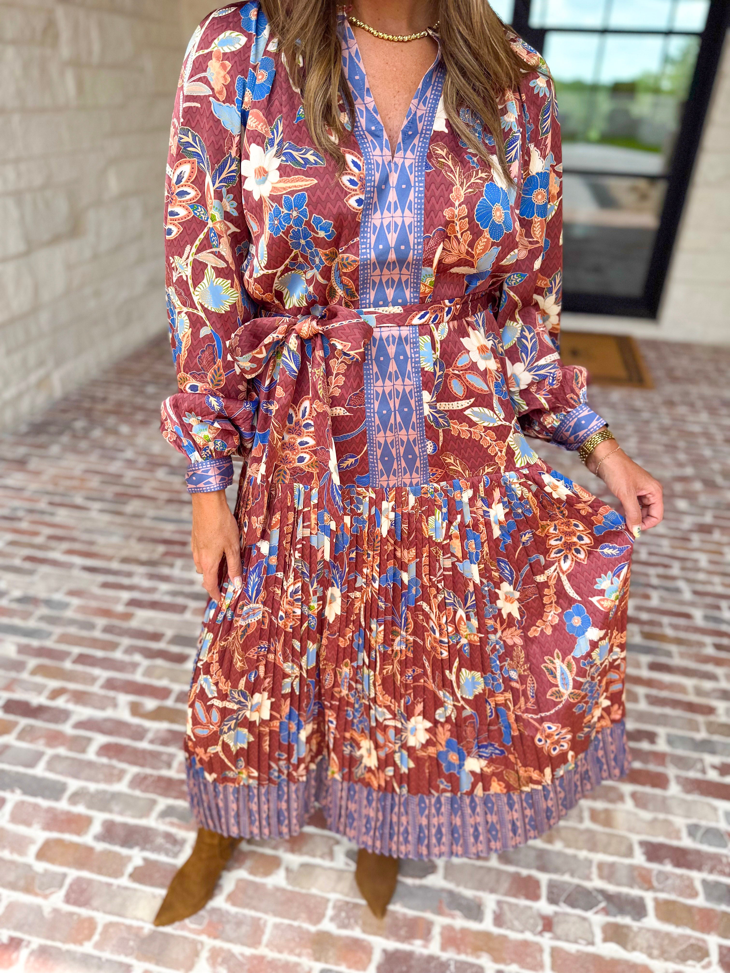 Current Air - Fall Gardens Midi Dress-500 Midi-CURRENT AIR CLOTHING-July & June Women's Fashion Boutique Located in San Antonio, Texas