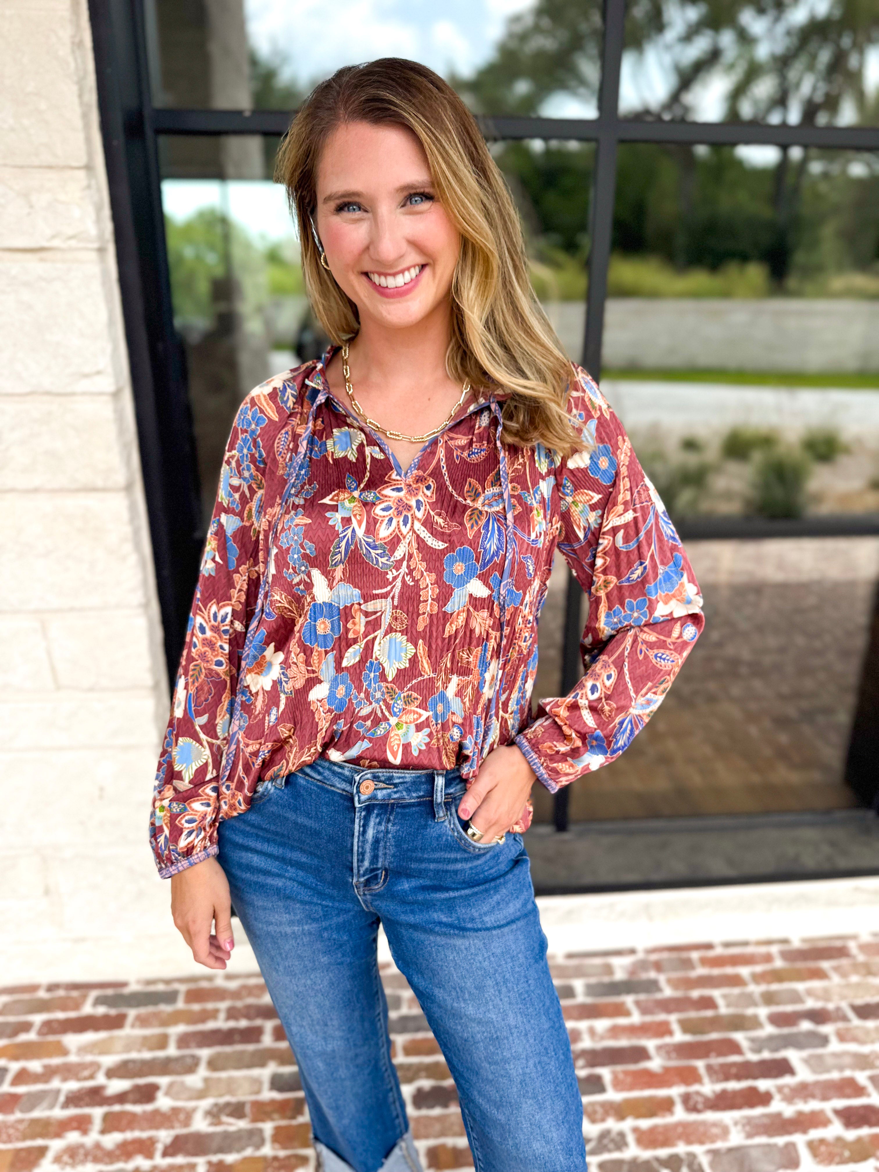 Current Air - Fall Gardens Blouse-200 Fashion Blouses-CURRENT AIR CLOTHING-July & June Women's Fashion Boutique Located in San Antonio, Texas