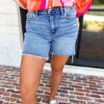 Vervet - High Rise Midi Medium Wash Short-400 Pants-VEVERT BY FLYING MONKEY-July & June Women's Fashion Boutique Located in San Antonio, Texas