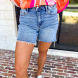 Vervet - High Rise Midi Medium Wash Short-400 Pants-VEVERT BY FLYING MONKEY-July & June Women's Fashion Boutique Located in San Antonio, Texas