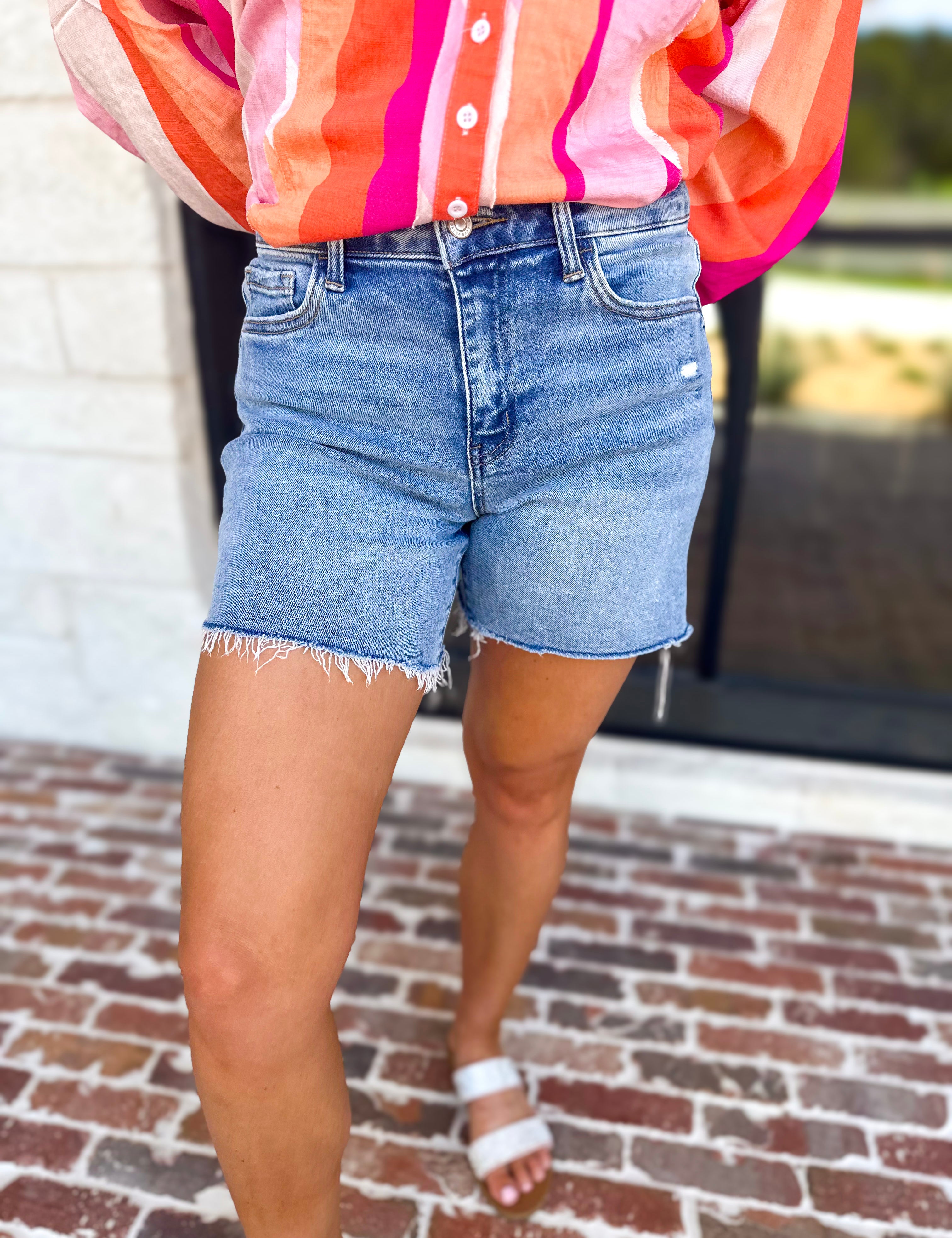 Vervet - High Rise Midi Medium Wash Short-400 Pants-VEVERT BY FLYING MONKEY-July & June Women's Fashion Boutique Located in San Antonio, Texas