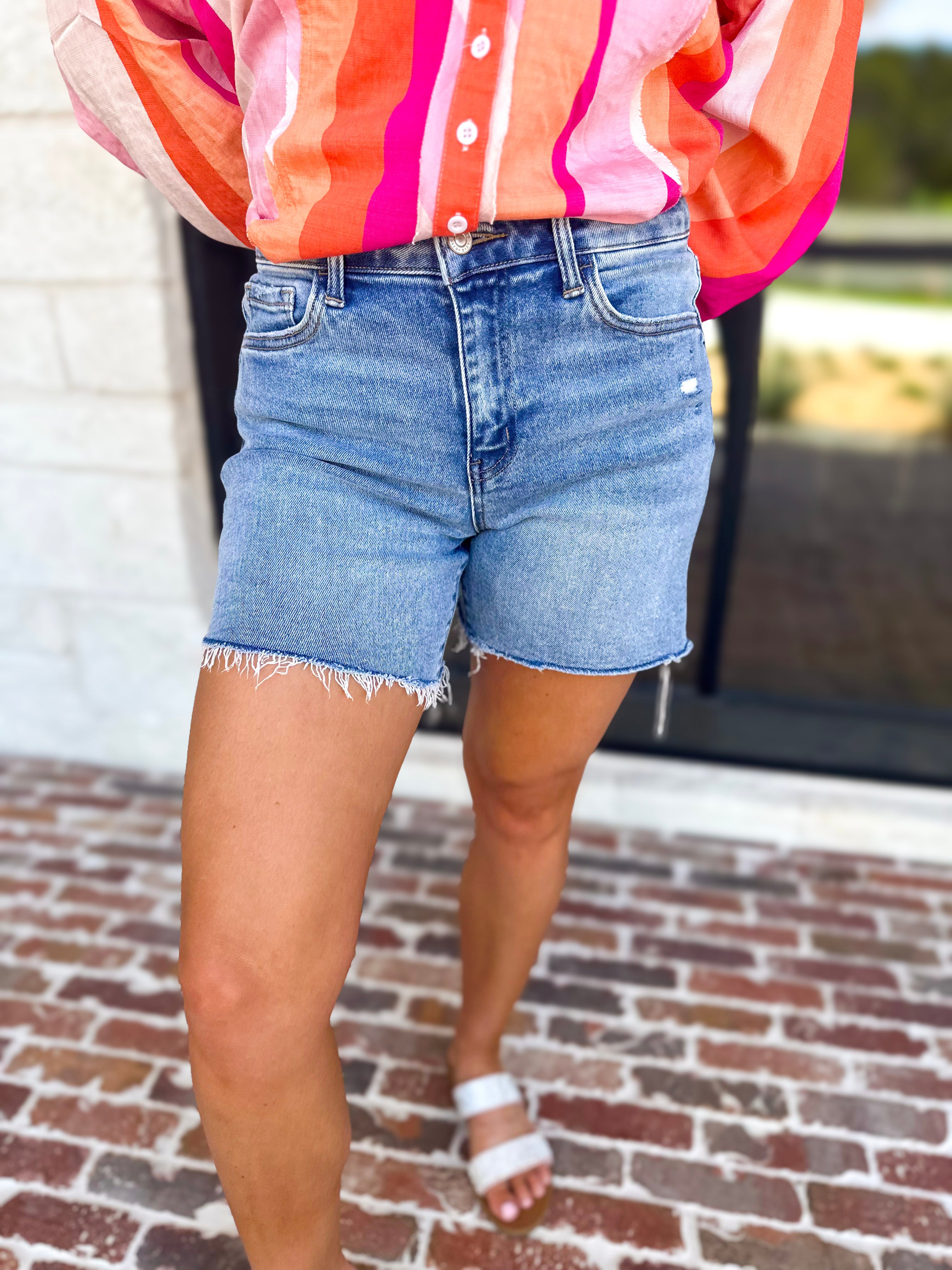 Vervet - High Rise Midi Medium Wash Short-400 Pants-VEVERT BY FLYING MONKEY-July & June Women's Fashion Boutique Located in San Antonio, Texas