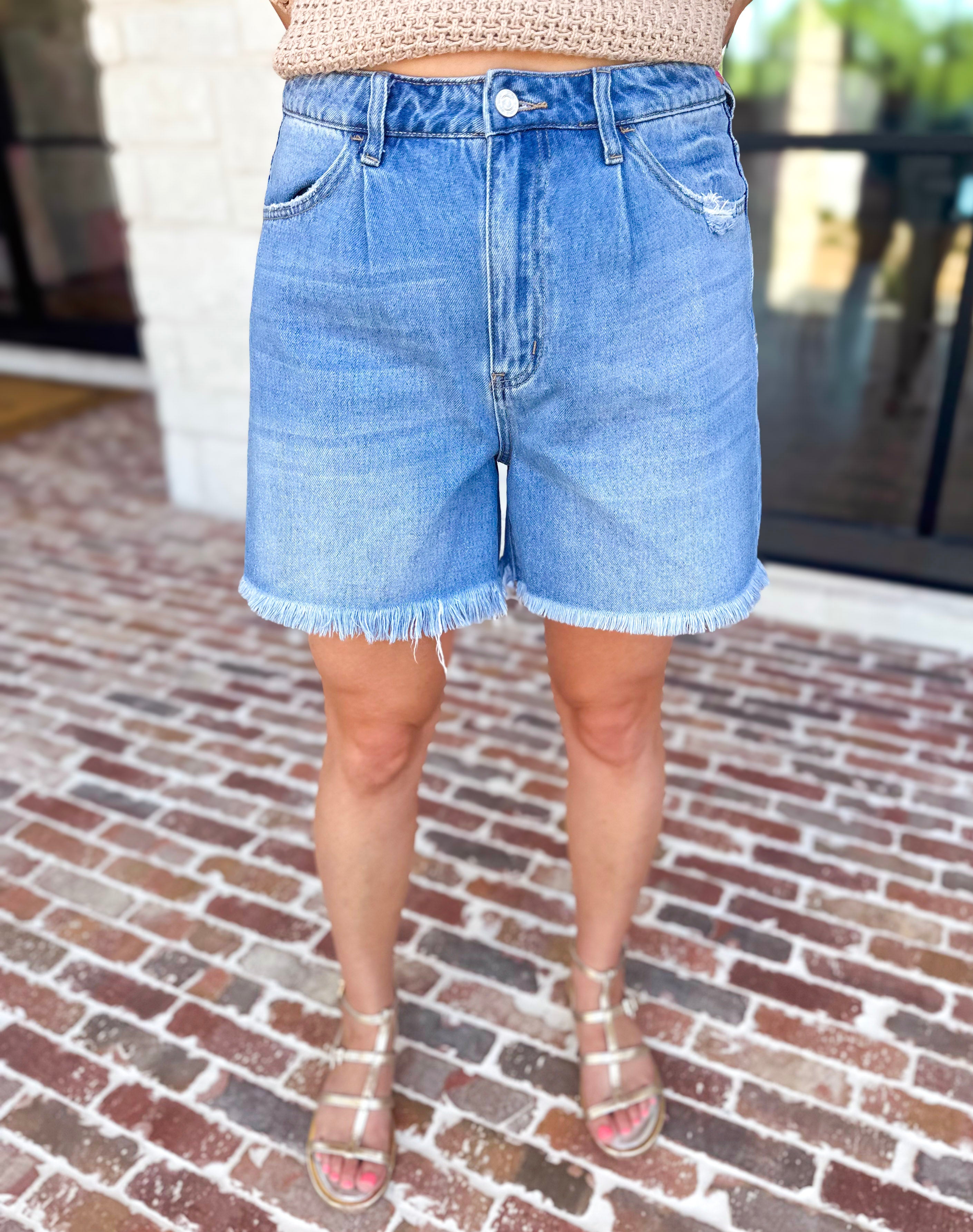 Vervet - High Rise Pleated Denim Shorts-410 Shorts/Skirts-VEVERT BY FLYING MONKEY-July & June Women's Fashion Boutique Located in San Antonio, Texas
