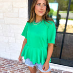 Kelly Green Peplum Comfy Top-210 Casual Blouses-ENTRO-July & June Women's Fashion Boutique Located in San Antonio, Texas