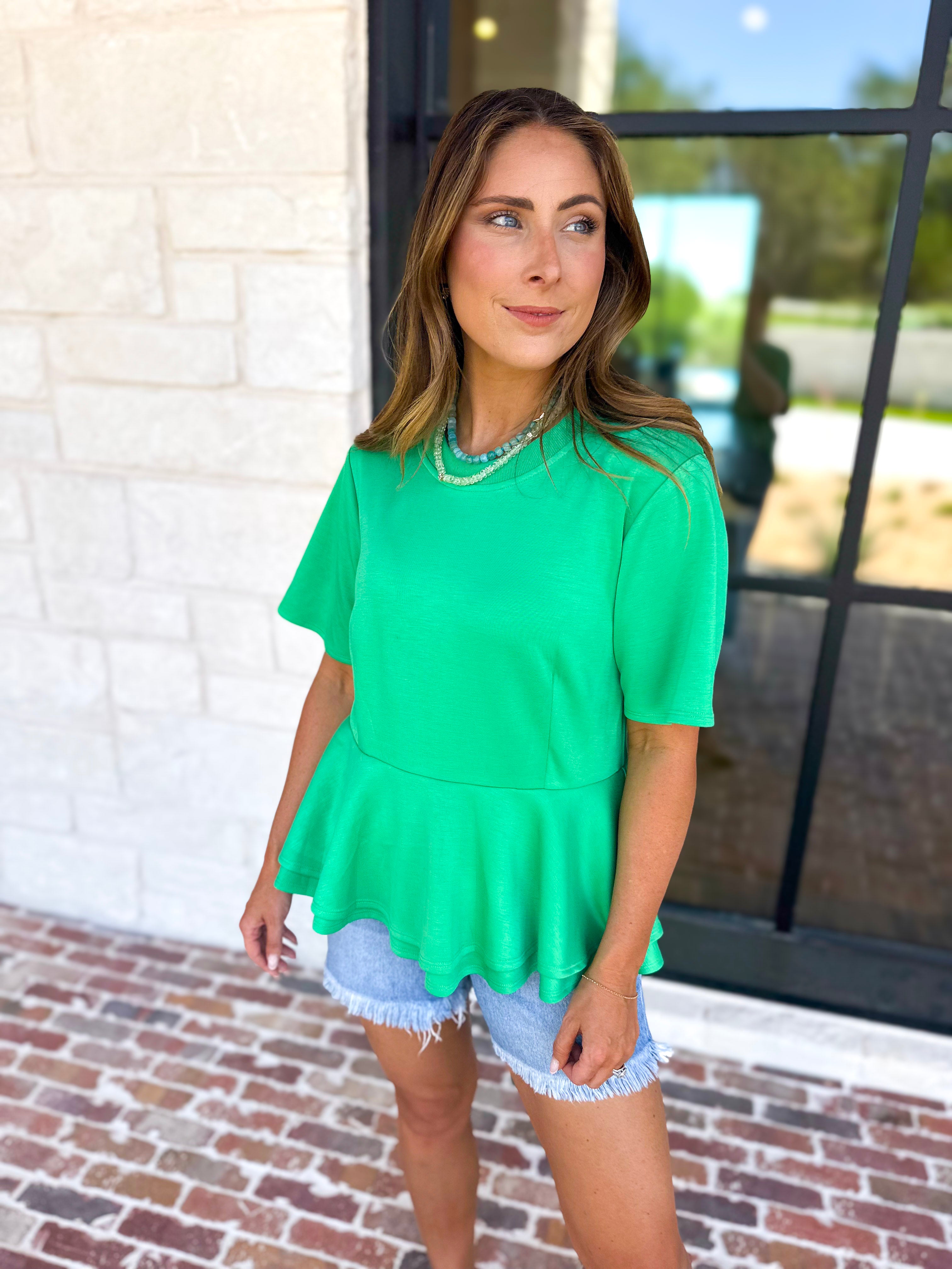Kelly Green Peplum Comfy Top-210 Casual Blouses-ENTRO-July & June Women's Fashion Boutique Located in San Antonio, Texas
