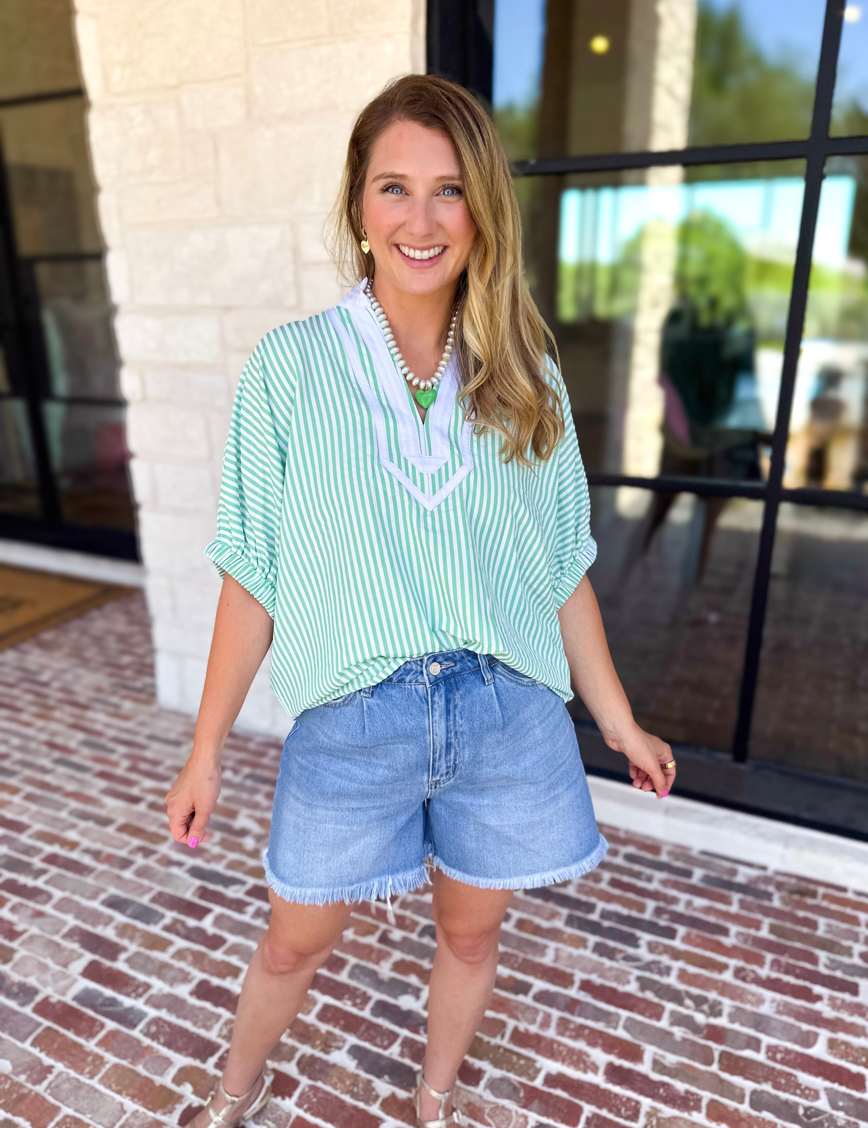 Seersucker Sweet Blouse - Light Green-200 Fashion Blouses-ENTRO-July & June Women's Fashion Boutique Located in San Antonio, Texas
