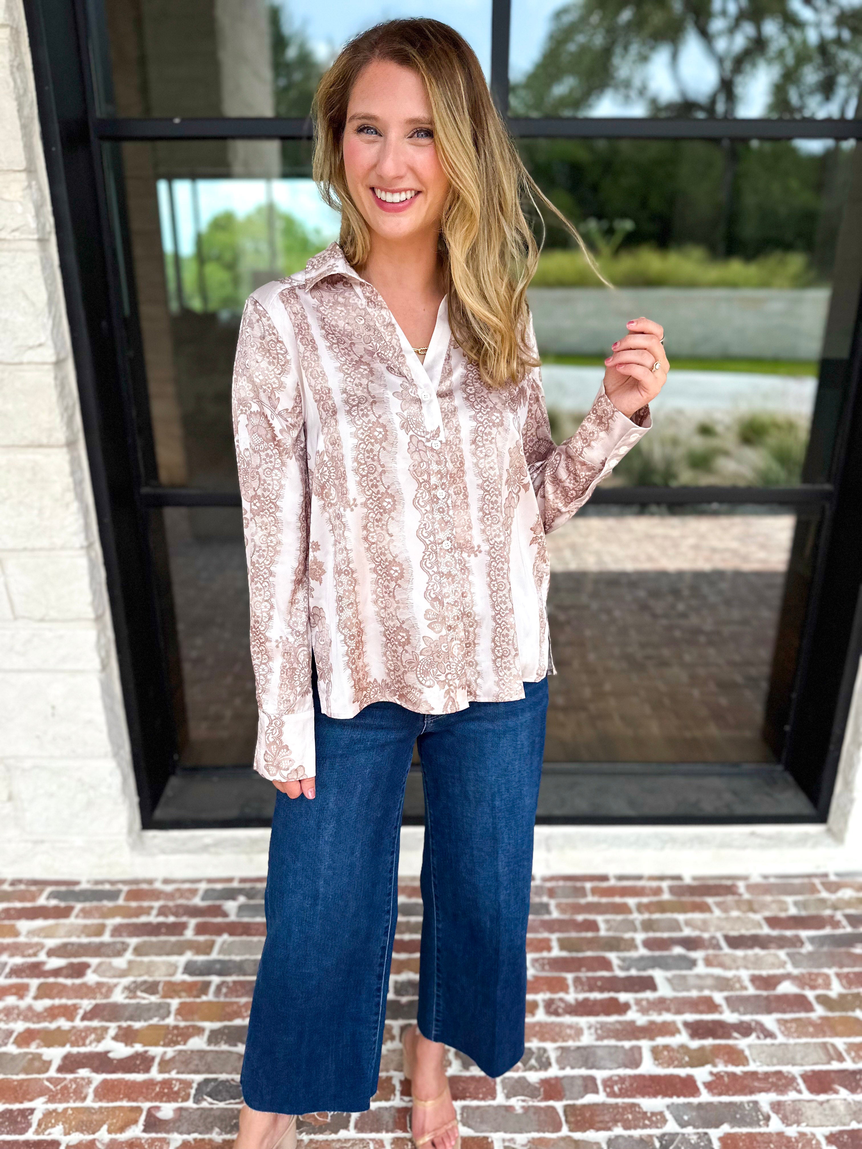 Current Air - Rosé Satin Button Down Blouse-200 Fashion Blouses-CURRENT AIR CLOTHING-July & June Women's Fashion Boutique Located in San Antonio, Texas
