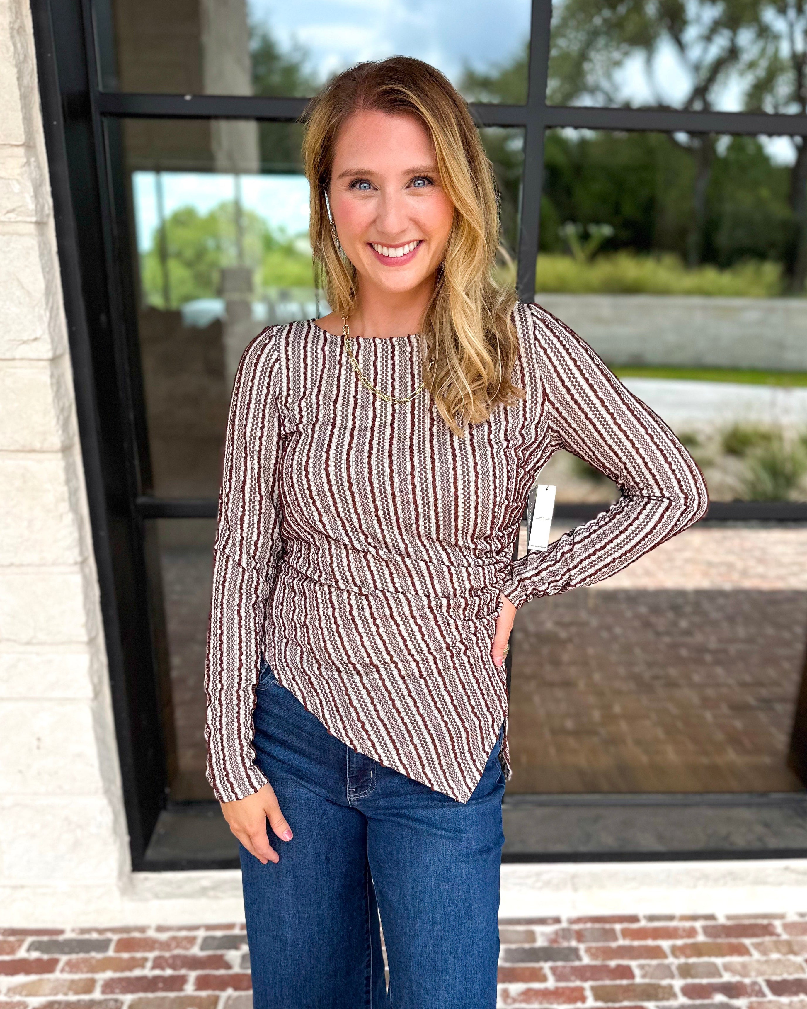 Liverpool - Asymmetrical Striped Blouse-200 Fashion Blouses-LIVERPOOL JEANS COMPANY-July & June Women's Fashion Boutique Located in San Antonio, Texas