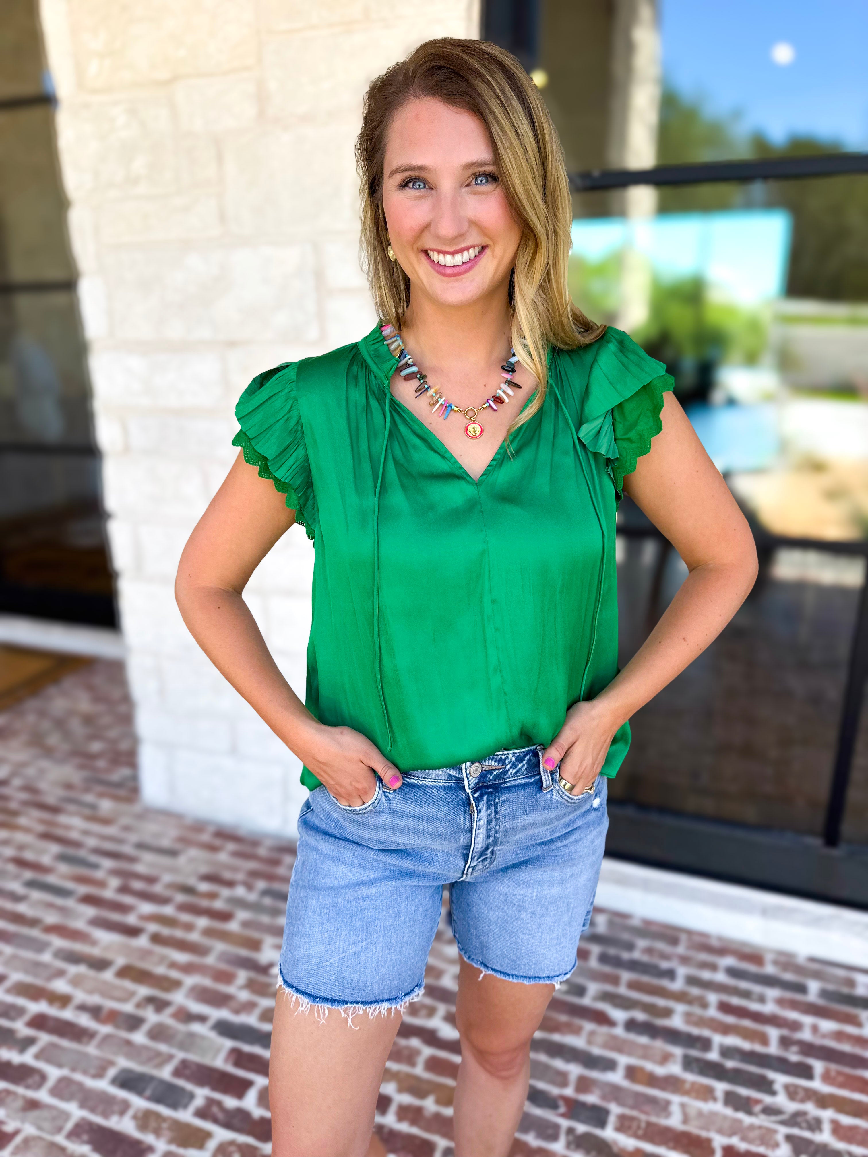 Current Air - Kelly Green Crochet Details Blouse-200 Fashion Blouses-CURRENT AIR CLOTHING-July & June Women's Fashion Boutique Located in San Antonio, Texas