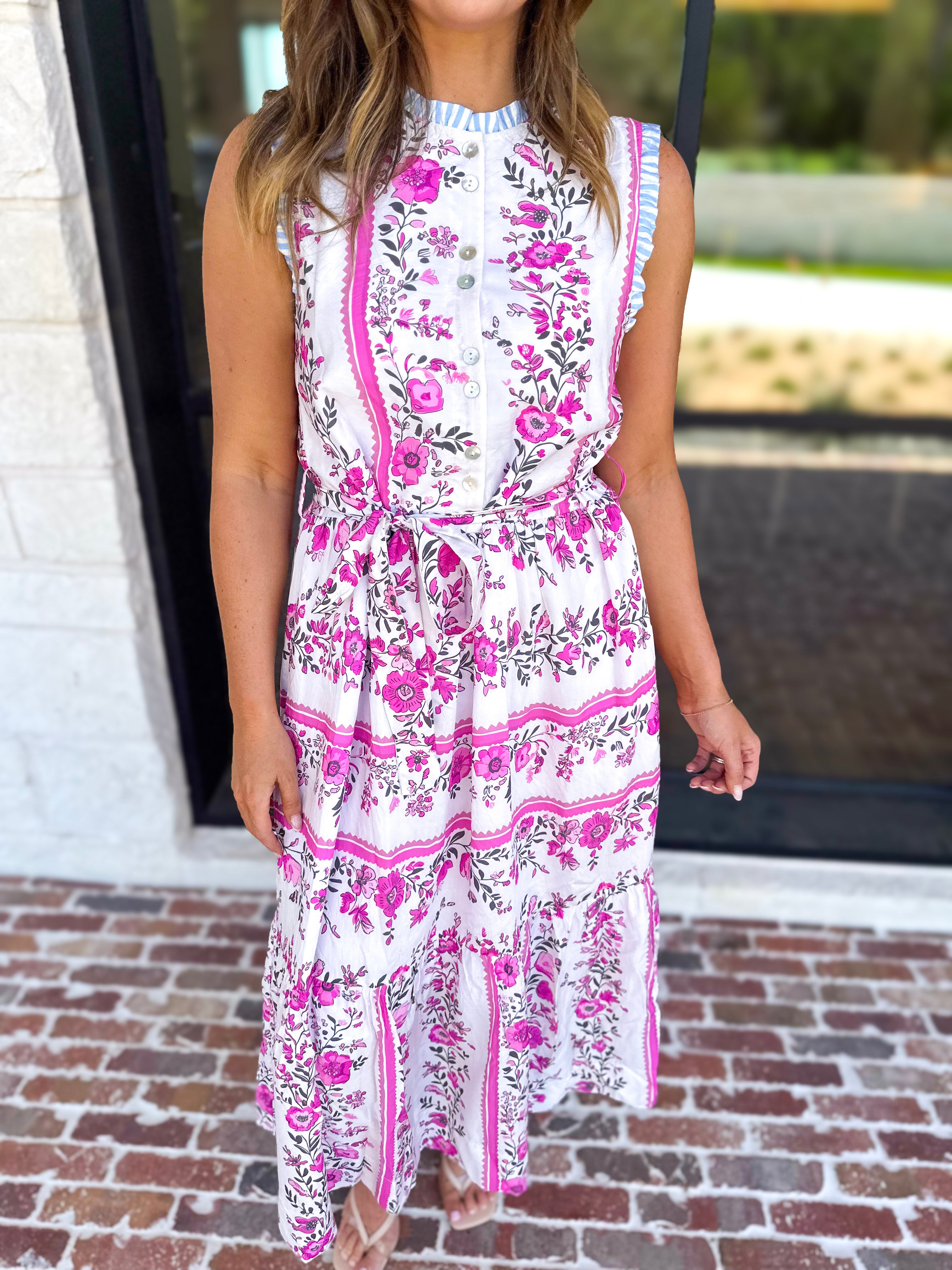 THML - Lillian Pink Floral Midi Dress-500 Midi-THML-July & June Women's Fashion Boutique Located in San Antonio, Texas
