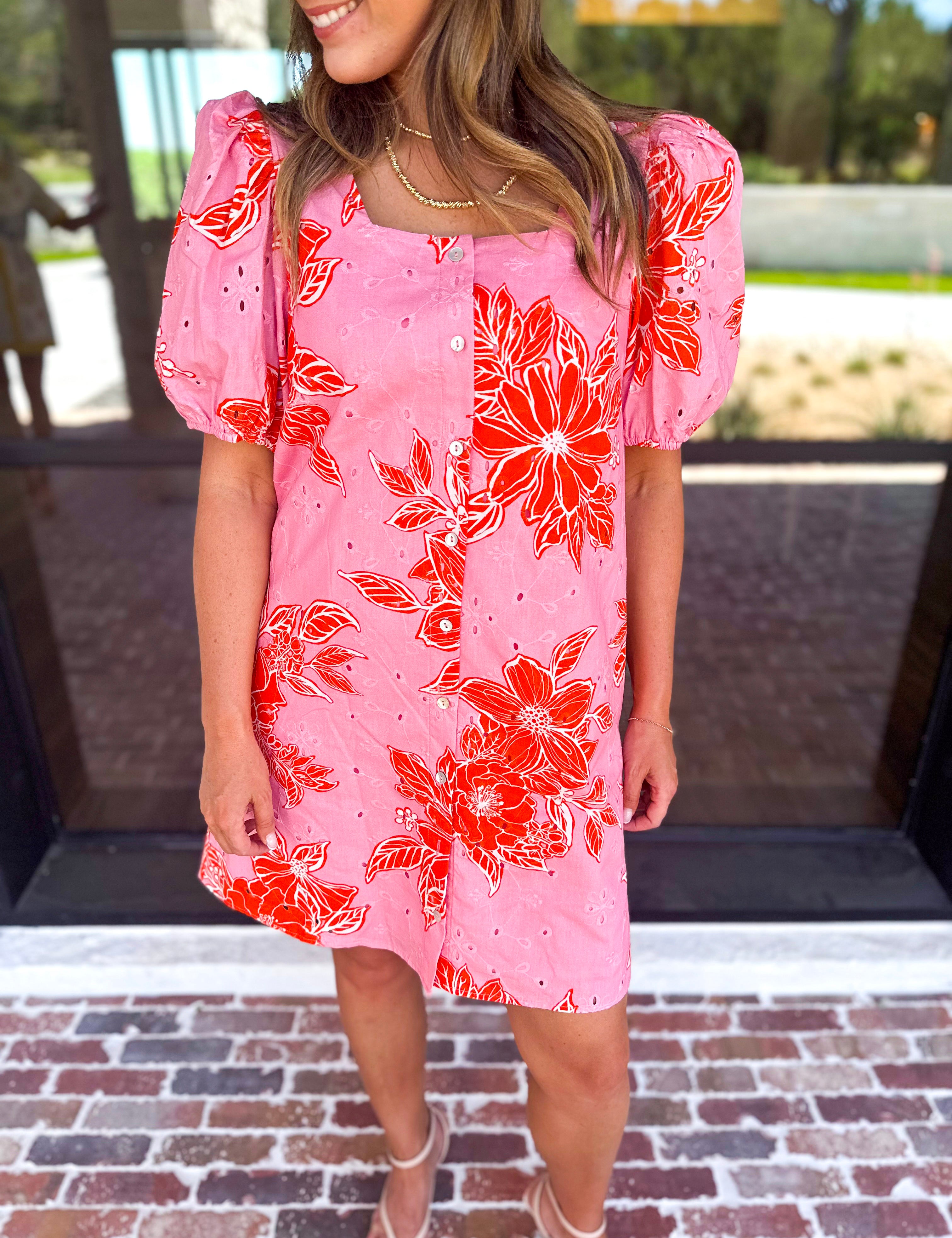 Pink & Orange Floral Mini Dress-510 Mini-ENTRO-July & June Women's Fashion Boutique Located in San Antonio, Texas