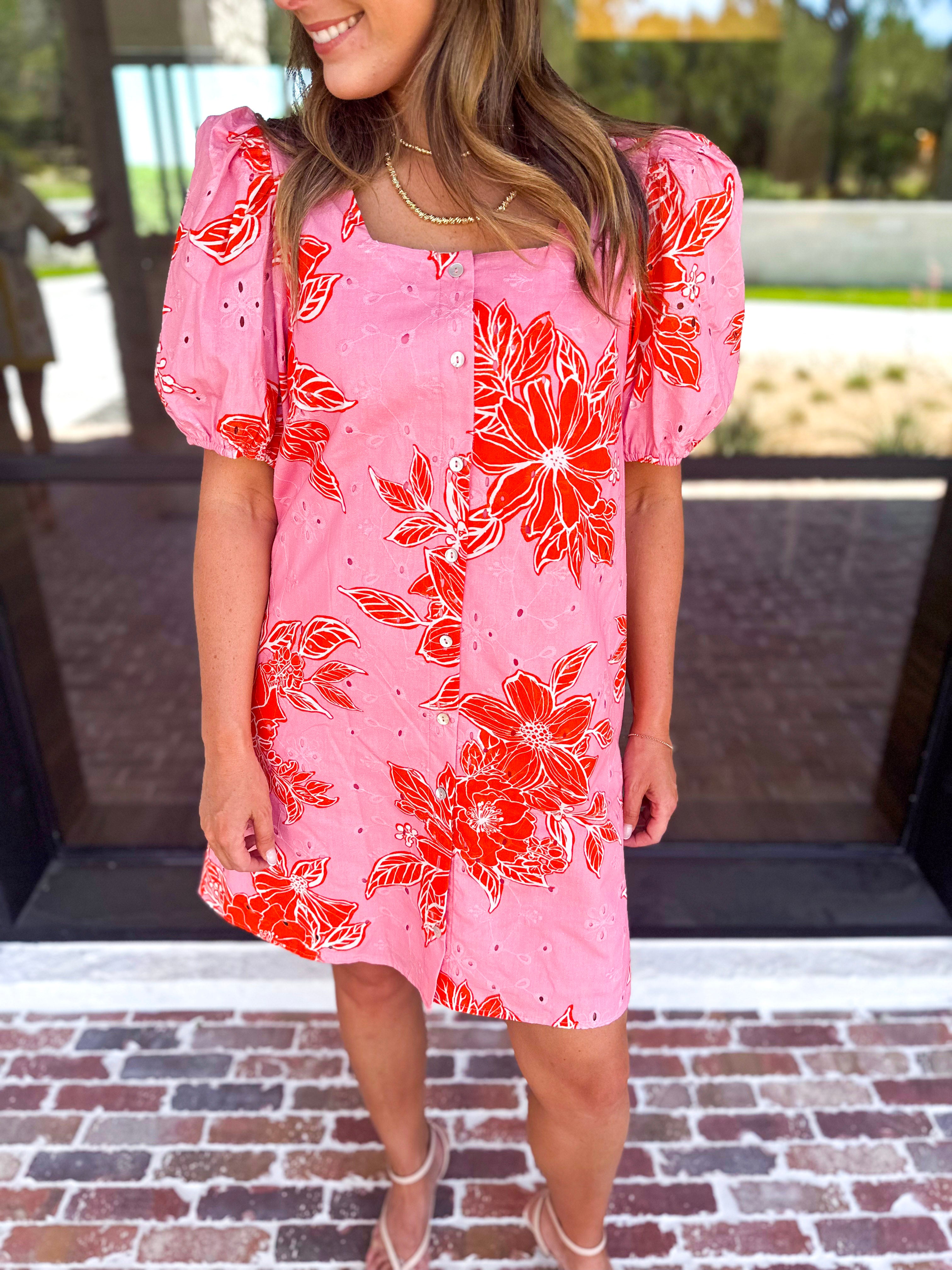 Pink & Orange Floral Mini Dress-510 Mini-ENTRO-July & June Women's Fashion Boutique Located in San Antonio, Texas