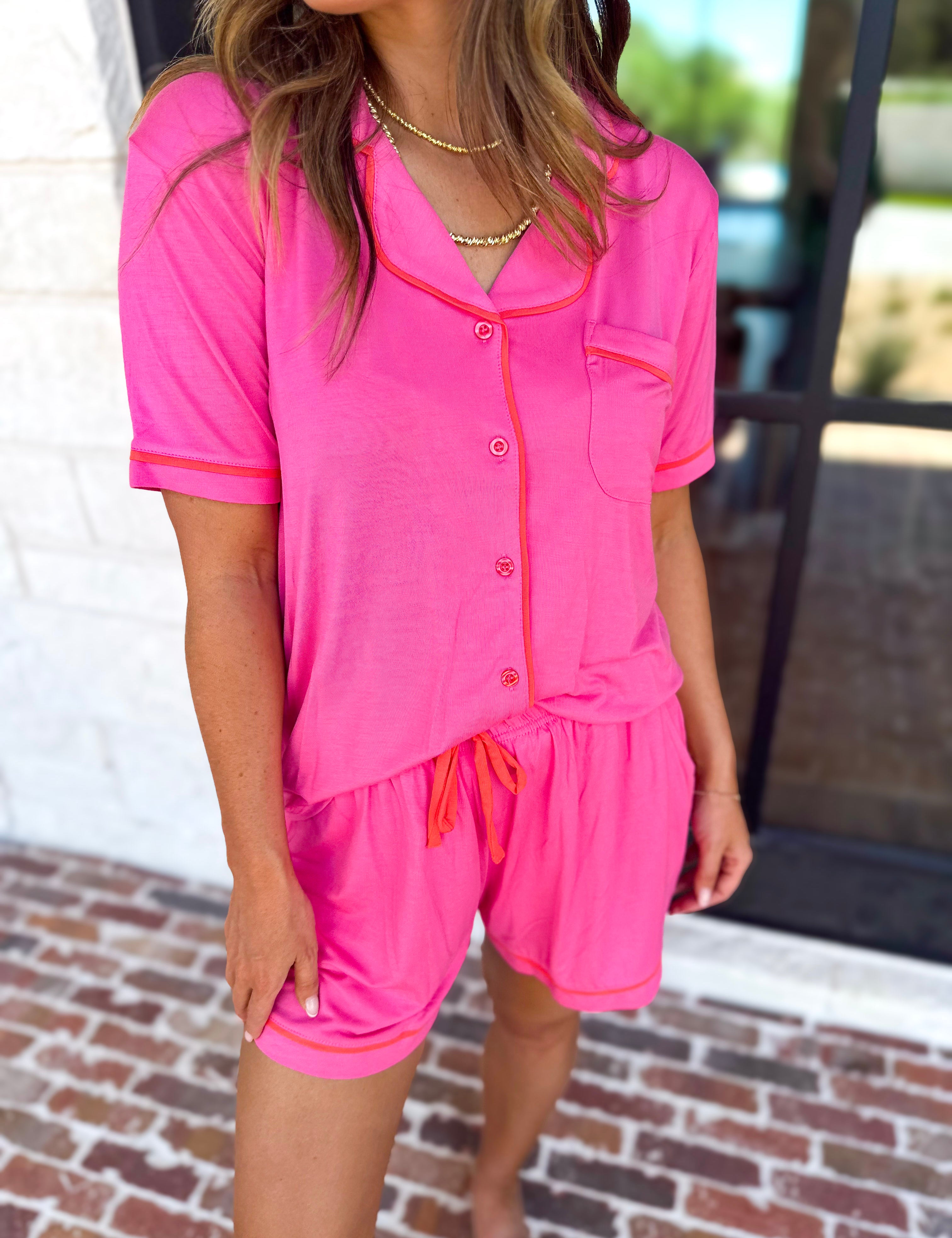 MARY SQUARE - Charlotte Hot Pink Shorts PJ Set-300 Athleisure/Lounge-MARY SQUARE-July & June Women's Fashion Boutique Located in San Antonio, Texas
