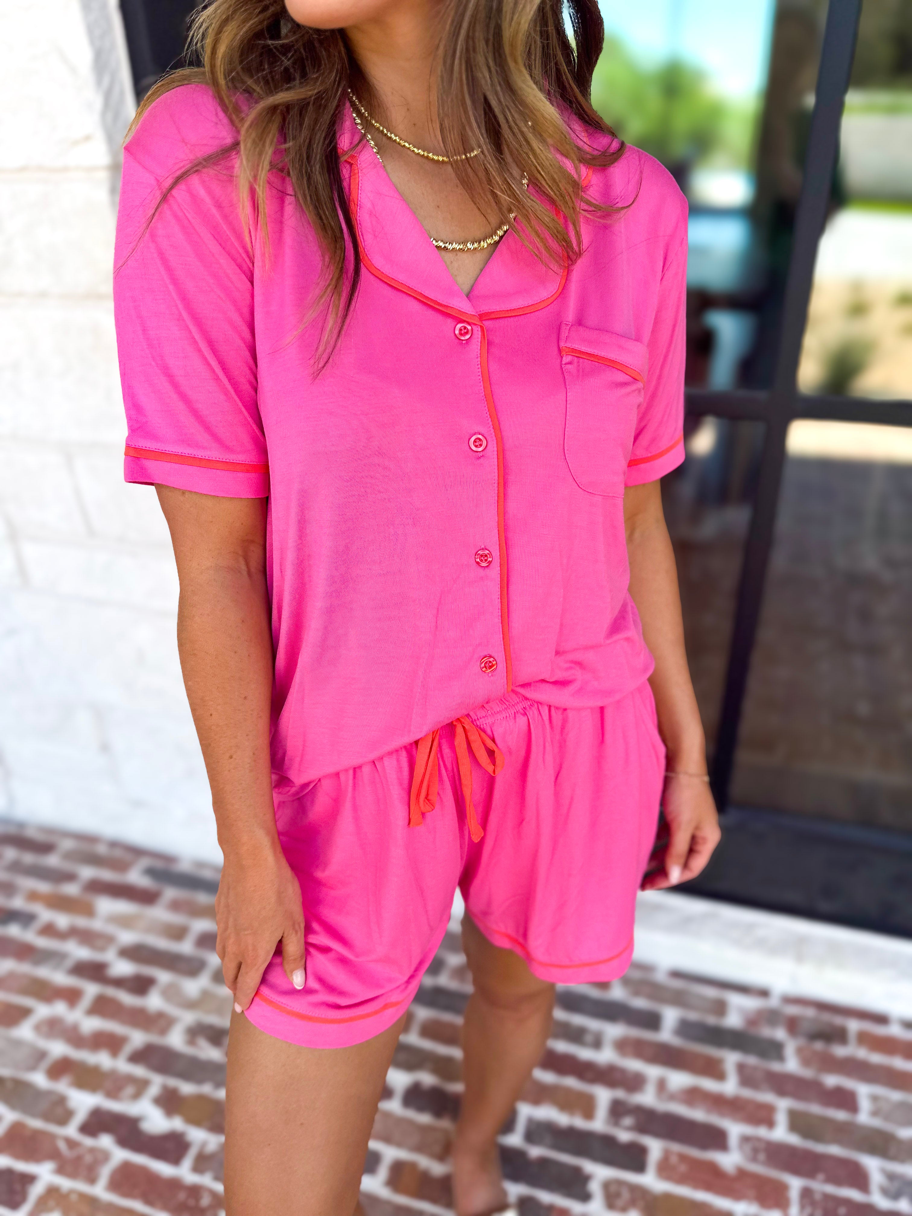 MARY SQUARE - Charlotte Hot Pink Shorts PJ Set-300 Athleisure/Lounge-MARY SQUARE-July & June Women's Fashion Boutique Located in San Antonio, Texas
