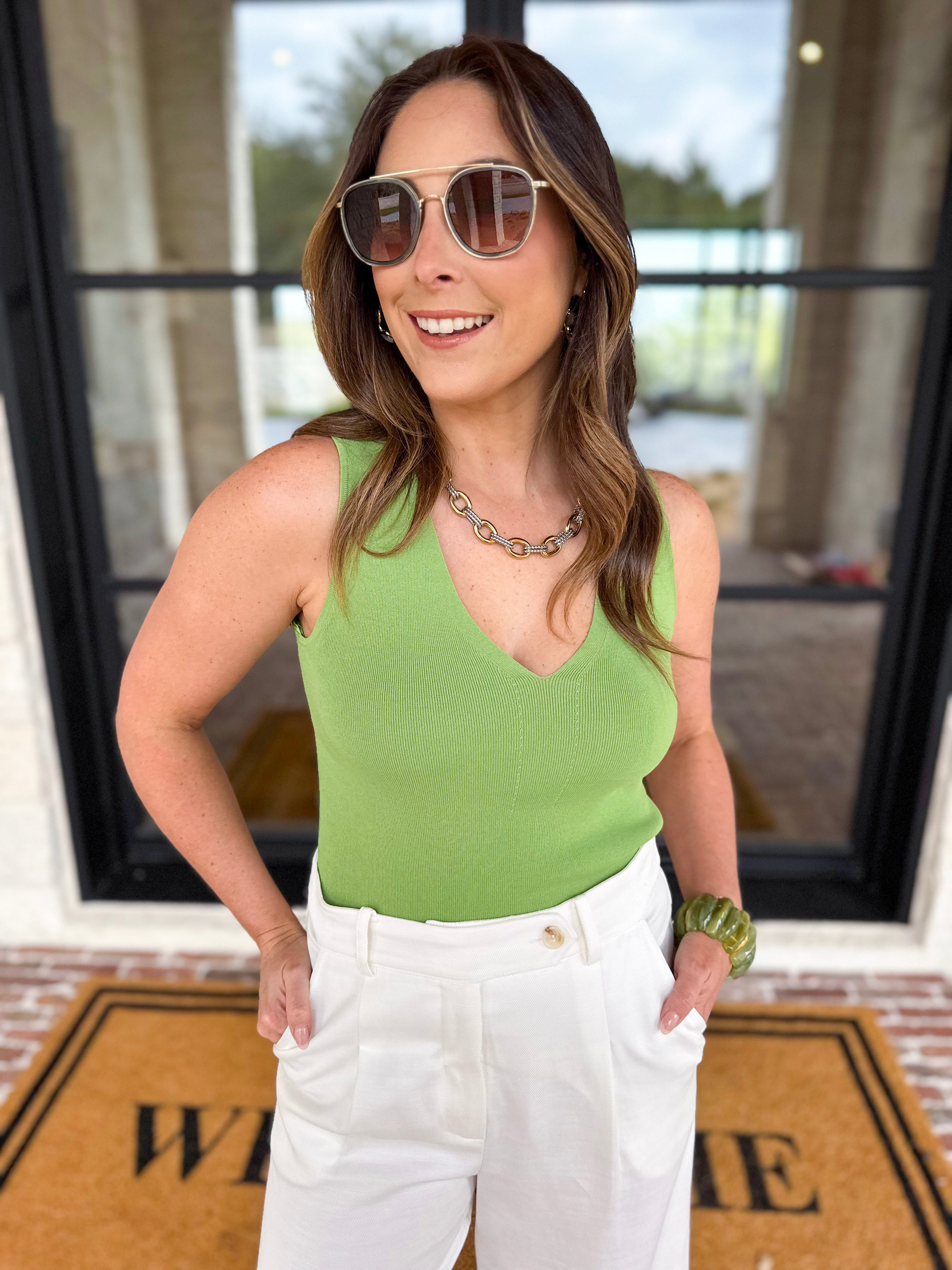 Current Air - Knit V-Neck Tank - Matcha-210 Casual Blouses-CURRENT AIR CLOTHING-July & June Women's Fashion Boutique Located in San Antonio, Texas