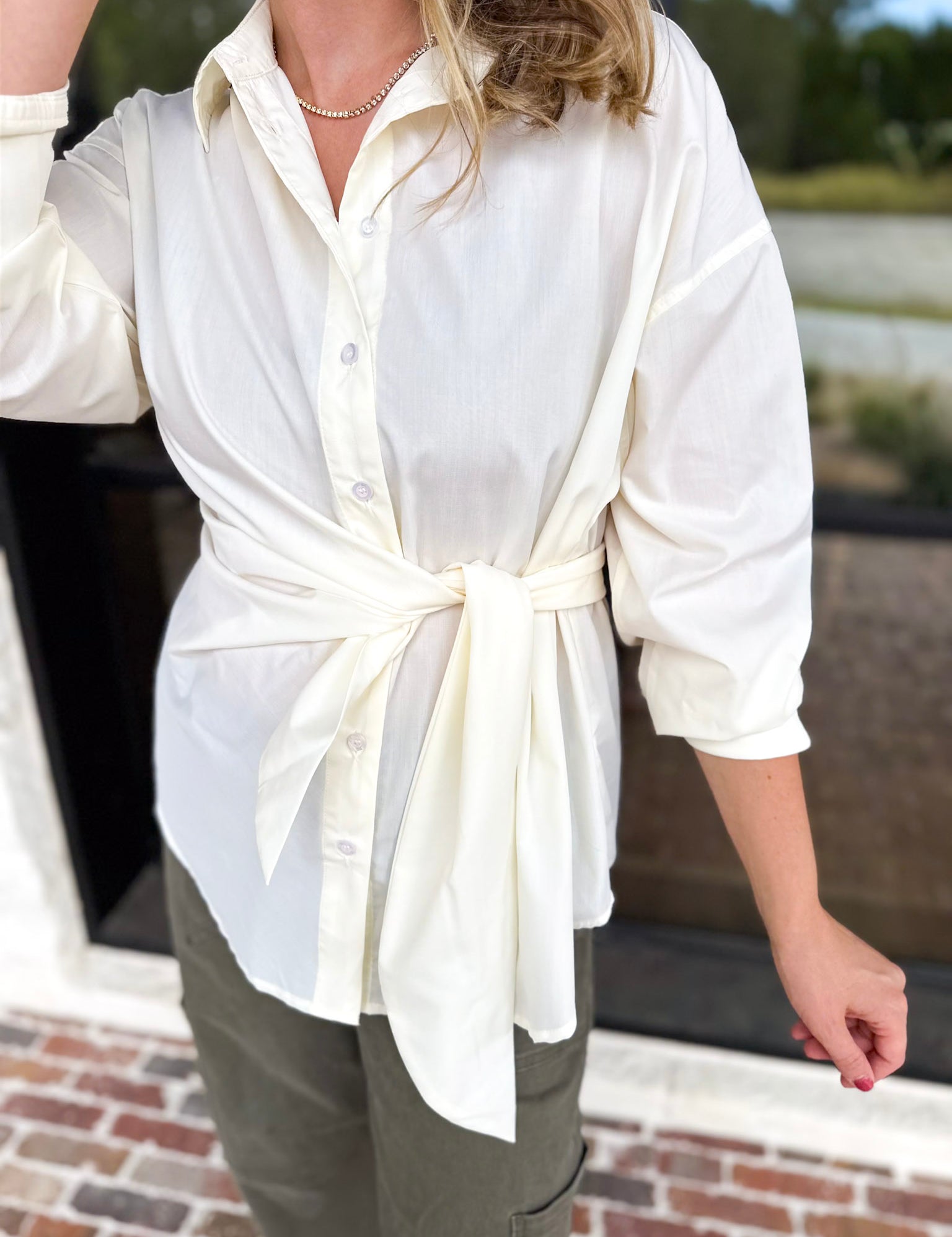 The Sarah Tie Button Down - Ivory-200 Fashion Blouses-ENTRO-July & June Women's Fashion Boutique Located in San Antonio, Texas