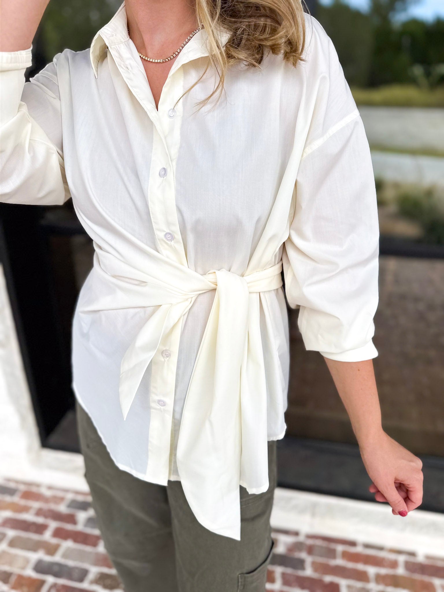 The Sarah Tie Button Down - Ivory-200 Fashion Blouses-ENTRO-July & June Women's Fashion Boutique Located in San Antonio, Texas