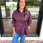 The Sarah Tie Button Down - Espresso-200 Fashion Blouses-ENTRO-July & June Women's Fashion Boutique Located in San Antonio, Texas