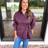 The Sarah Tie Button Down - Espresso-200 Fashion Blouses-ENTRO-July & June Women's Fashion Boutique Located in San Antonio, Texas