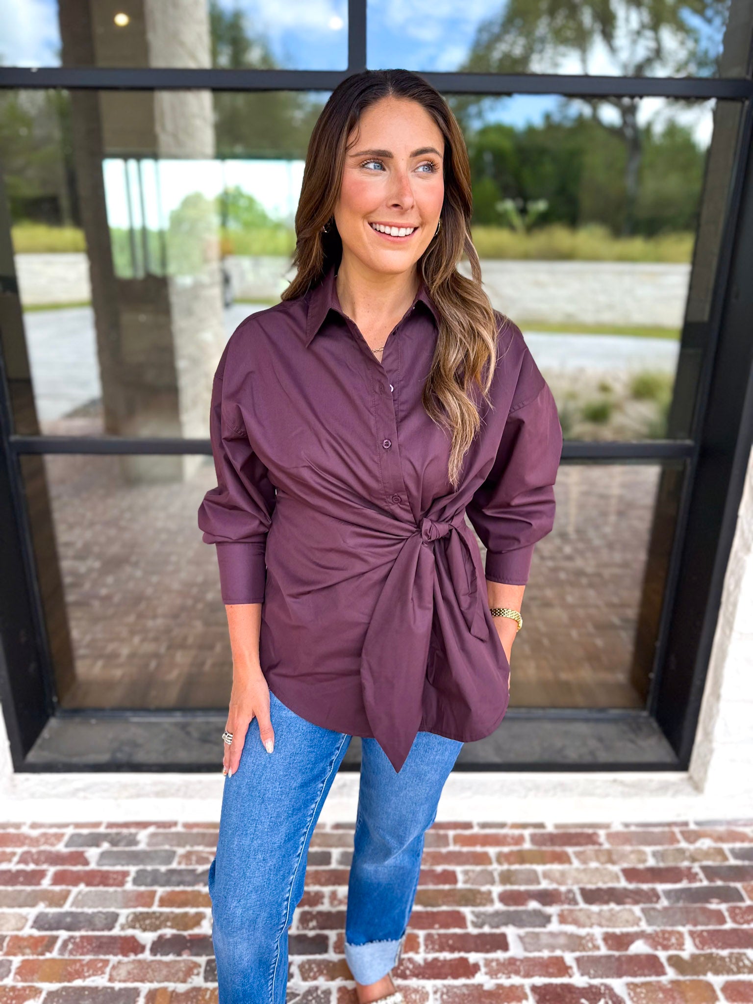 The Sarah Tie Button Down - Espresso-200 Fashion Blouses-ENTRO-July & June Women's Fashion Boutique Located in San Antonio, Texas