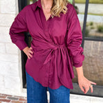 The Sarah Tie Button Down - Deep Berry-200 Fashion Blouses-ENTRO-July & June Women's Fashion Boutique Located in San Antonio, Texas