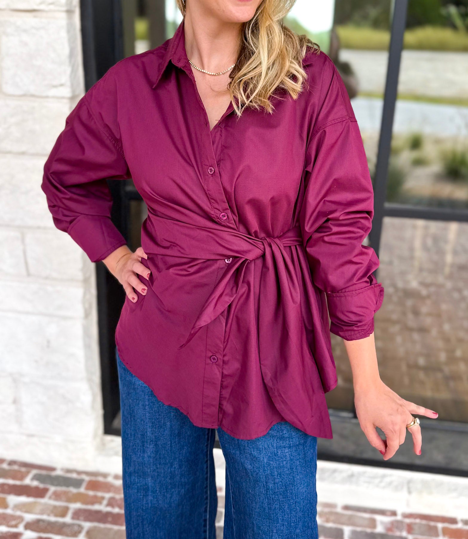 The Sarah Tie Button Down - Deep Berry-200 Fashion Blouses-ENTRO-July & June Women's Fashion Boutique Located in San Antonio, Texas