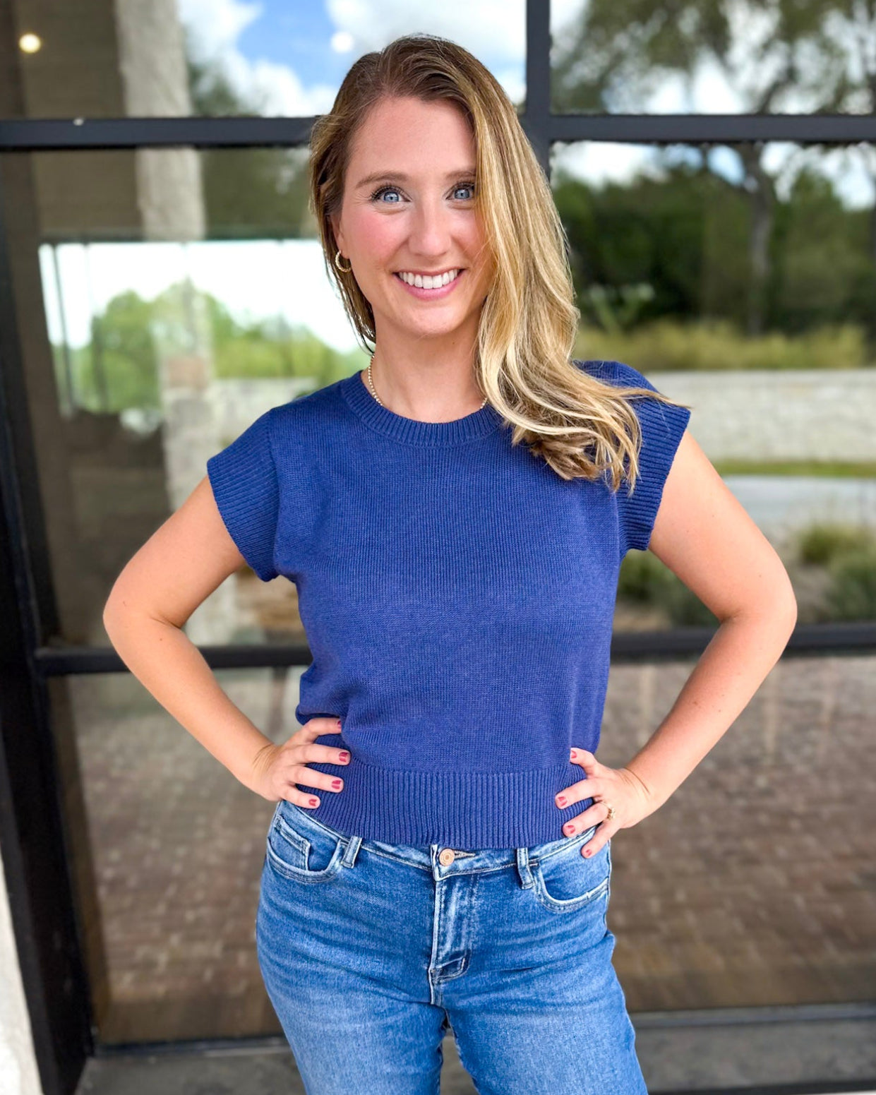 Cap Sleeve Knit Top - Blue-230 Sweaters/Cardis-PINCH-July & June Women's Fashion Boutique Located in San Antonio, Texas