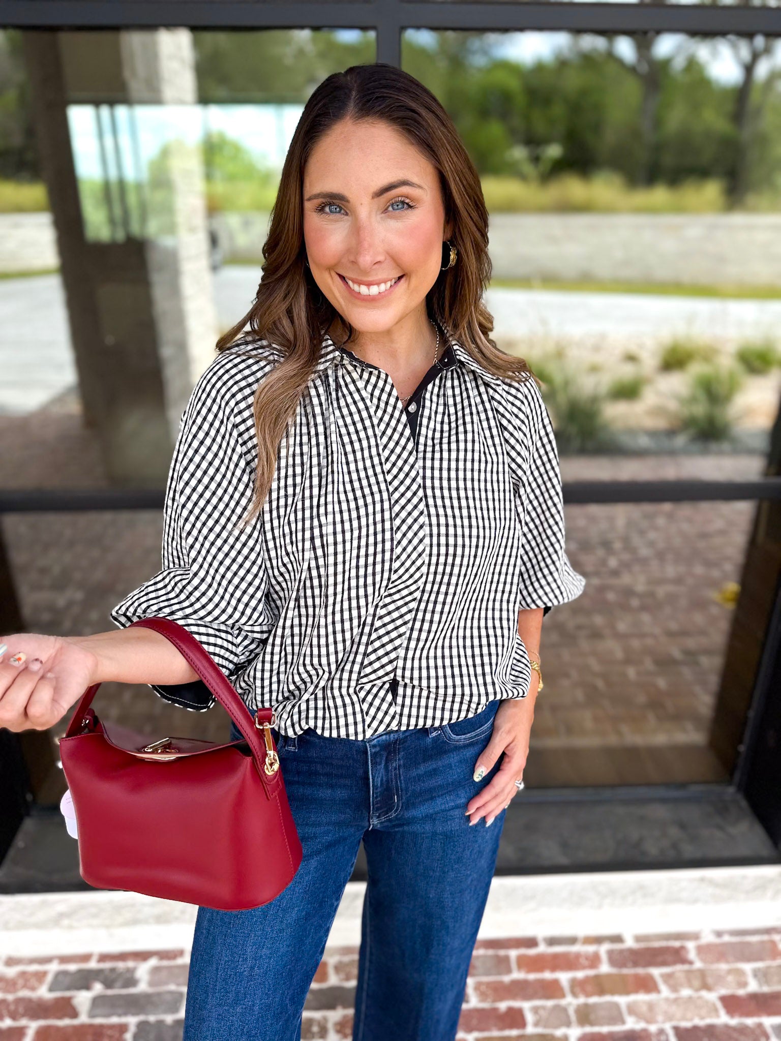 Gingham Bubble Blouse - Black-200 Fashion Blouses-ENTRO-July & June Women's Fashion Boutique Located in San Antonio, Texas