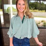 Gingham Bubble Blouse - Hunter Green-200 Fashion Blouses-ENTRO-July & June Women's Fashion Boutique Located in San Antonio, Texas