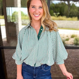 Gingham Bubble Blouse - Hunter Green-200 Fashion Blouses-ENTRO-July & June Women's Fashion Boutique Located in San Antonio, Texas