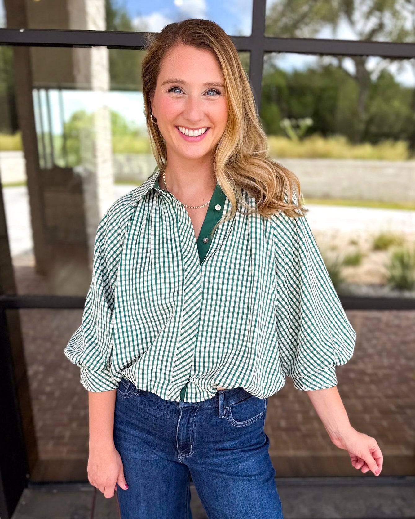 Gingham Bubble Blouse - Hunter Green-200 Fashion Blouses-ENTRO-July & June Women's Fashion Boutique Located in San Antonio, Texas