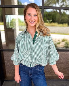 Gingham Bubble Blouse - Hunter Green-200 Fashion Blouses-ENTRO-July & June Women's Fashion Boutique Located in San Antonio, Texas