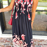 Floral Pleated Midi Dress - Black-500 Midi-ENTRO-July & June Women's Fashion Boutique Located in San Antonio, Texas