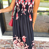 Floral Pleated Midi Dress - Black-500 Midi-ENTRO-July & June Women's Fashion Boutique Located in San Antonio, Texas