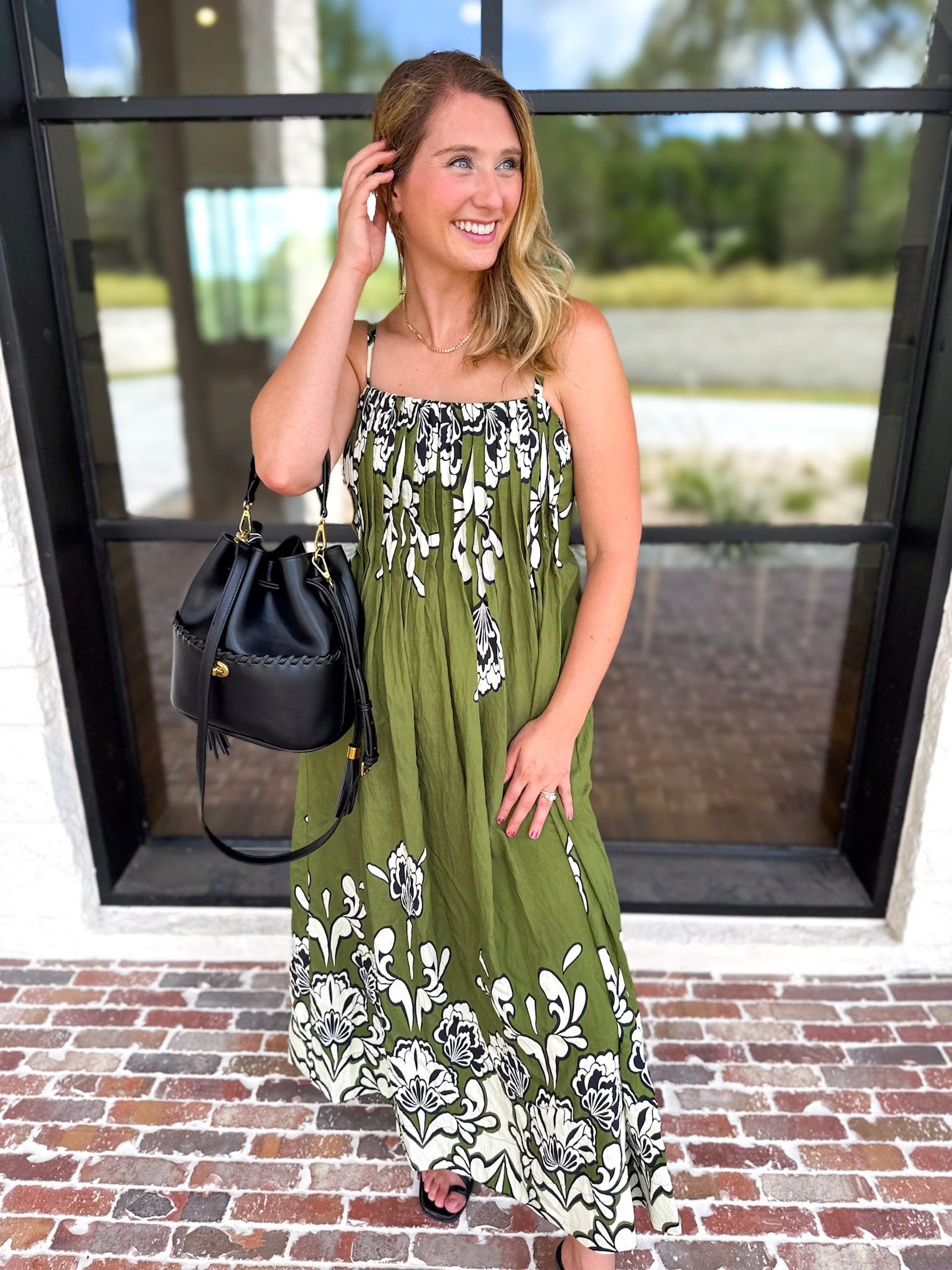 Floral Pleated Midi Dress - Moss Green-500 Midi-ENTRO-July & June Women's Fashion Boutique Located in San Antonio, Texas