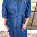Denim Wrap Mini Dress-510 Mini-ENTRO-July & June Women's Fashion Boutique Located in San Antonio, Texas
