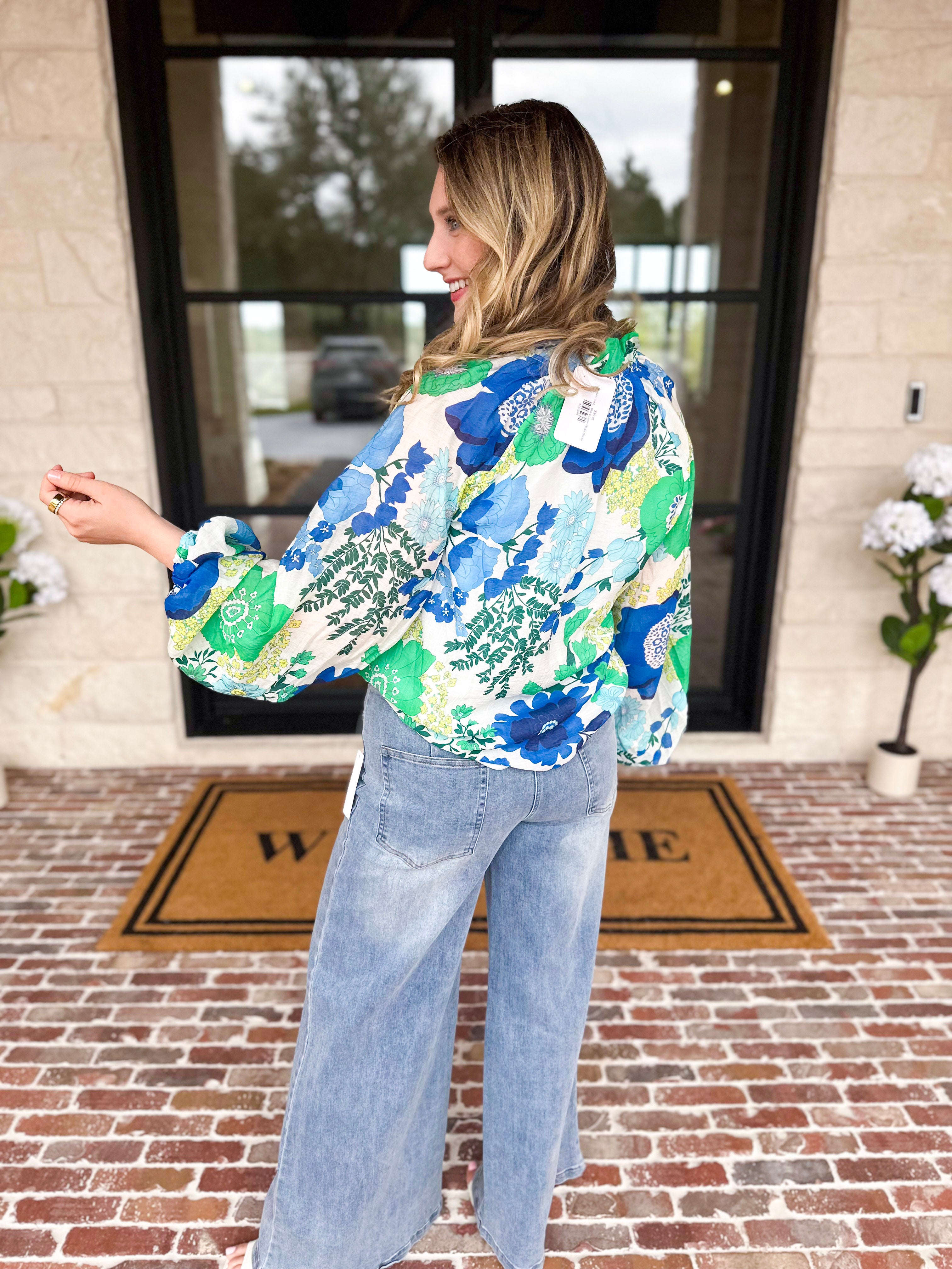 THML - Blue & Green Florals Blouse-200 Fashion Blouses-THML-July & June Women's Fashion Boutique Located in San Antonio, Texas