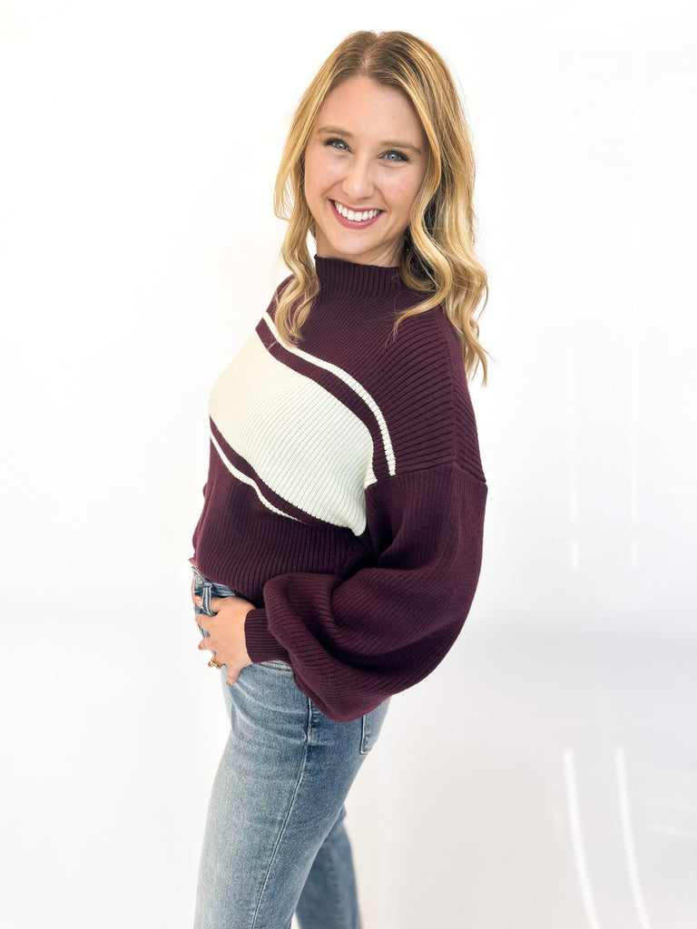 Striped Cozy Sweater- Eggplant & White-230 Sweaters/Cardis-GILLI CLOTHING-July & June Women's Fashion Boutique Located in San Antonio, Texas