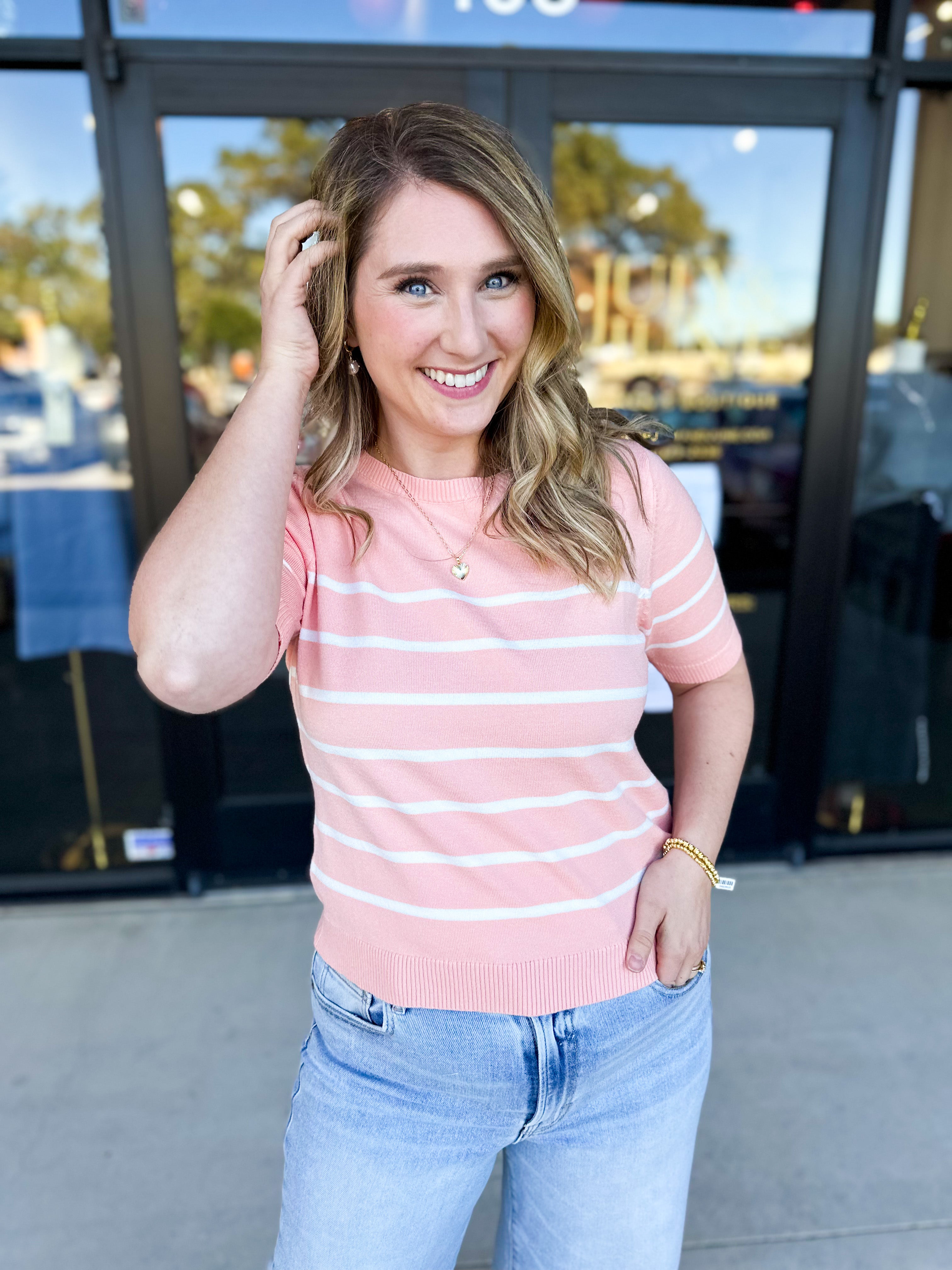 Short Sleeve Stripped Sweater Top - Melon-230 Sweaters/Cardis-ALLIE ROSE-July & June Women's Fashion Boutique Located in San Antonio, Texas
