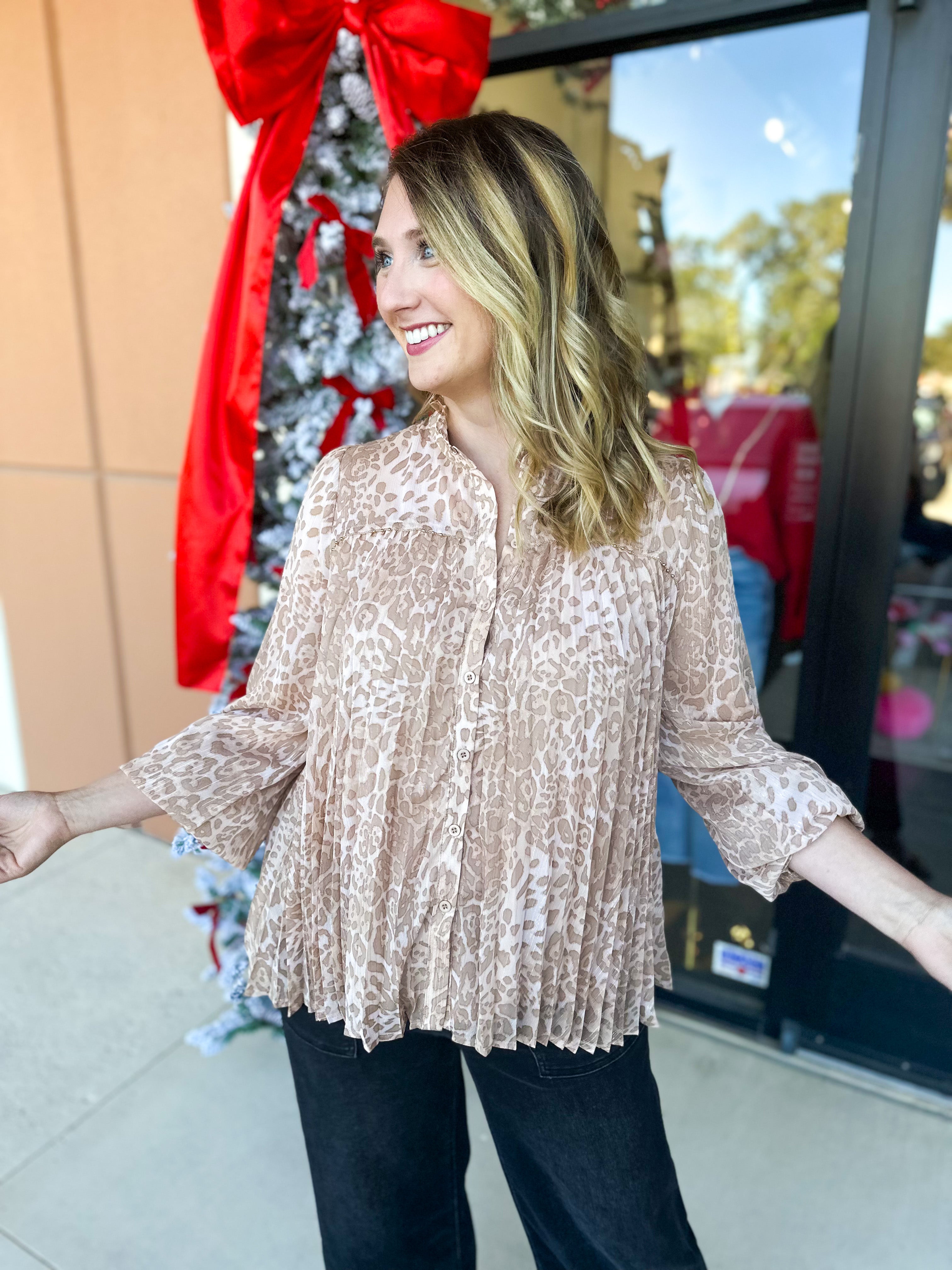Champagne Cheetah Blouse-200 Fashion Blouses-FATE-July & June Women's Fashion Boutique Located in San Antonio, Texas